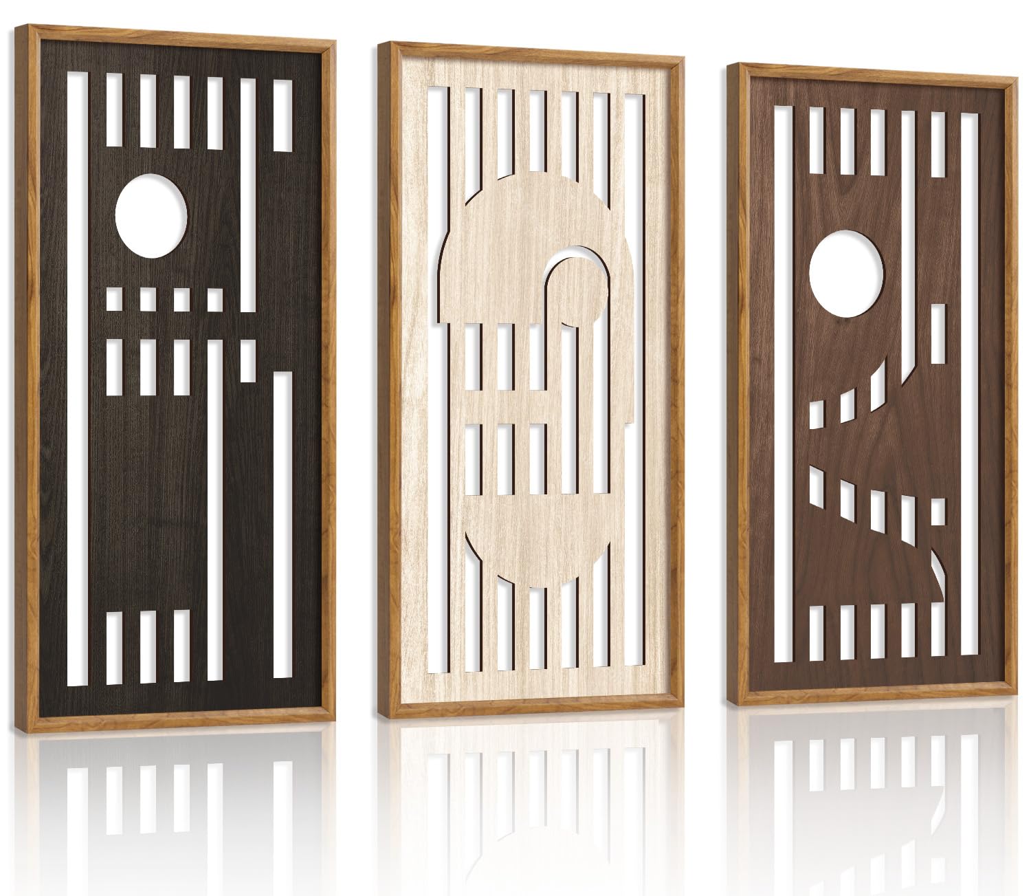 HPNIUB 3 PCS Boho Wall Decor, Minimalist Mid Century Abstract Geometric Line Carved Hanging Wood Sign for Living Room, 8x16Inch Modern Wooden Plaque Wall Art for Bedroom Office Apartment Decoration