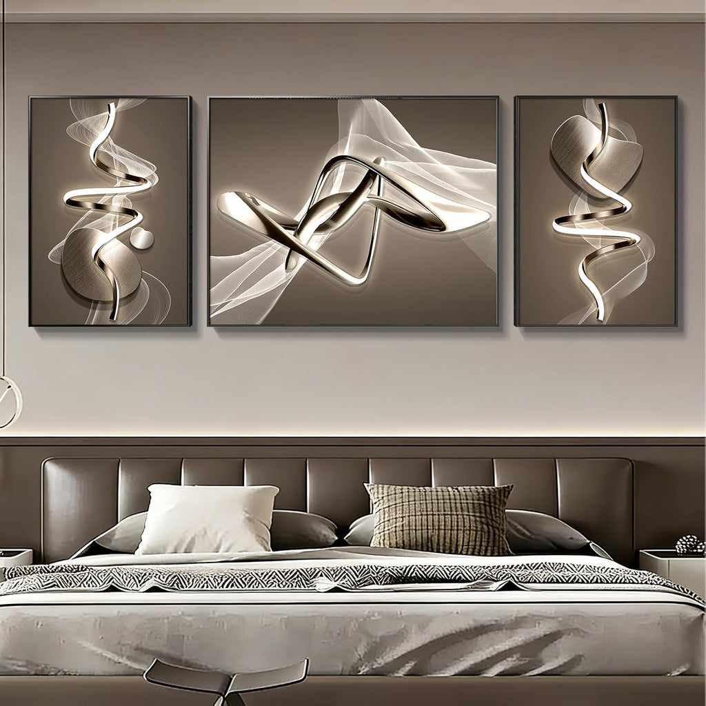 Azartslr Large Framed Modern Black Wall Art, Luxury 3 Pieces Aluminum Alloy Wall Decor for Living Room, Abstract Gray and White Home Bedroom Art Painting, Geometric Crystal Porcelain Artwork Dining Room Pictures Decoration 67''W x 24''H (Total)