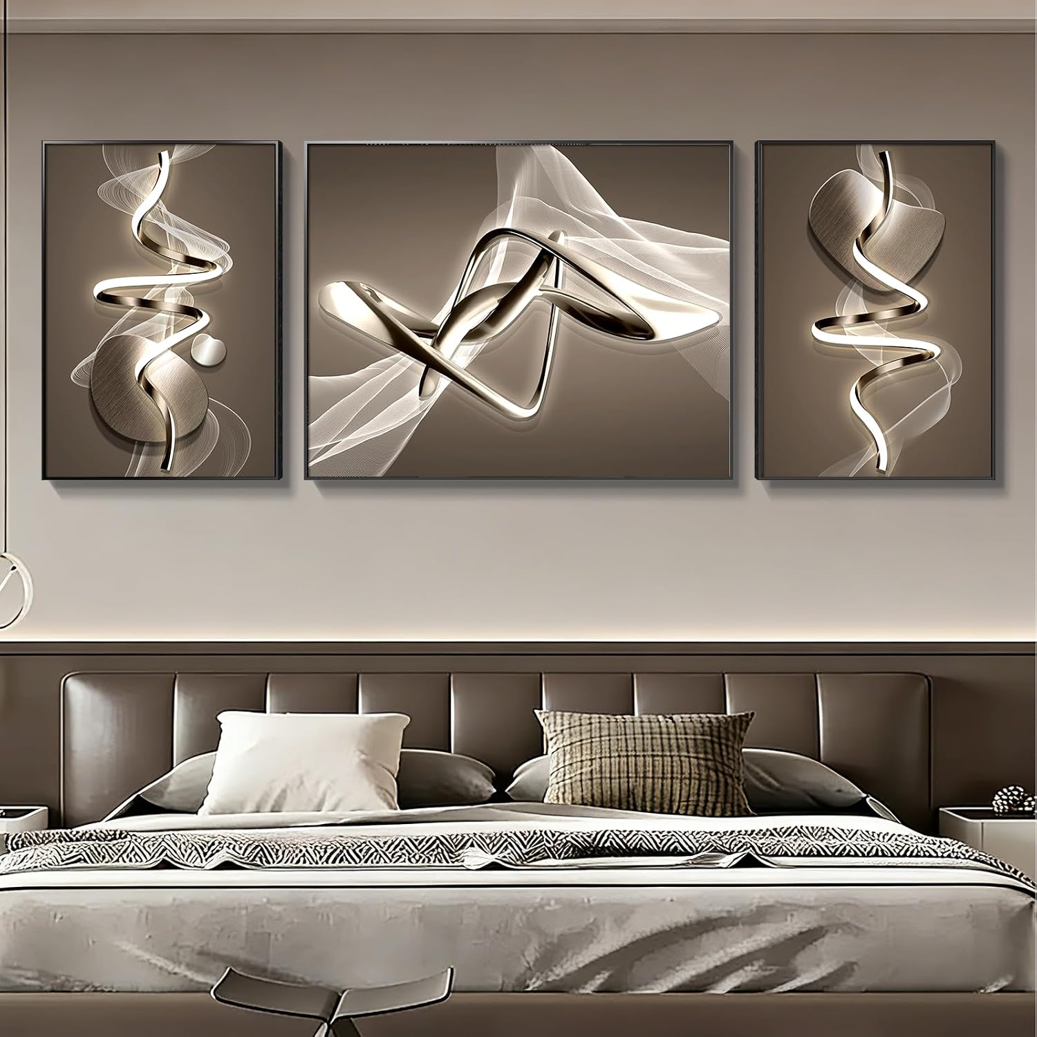 Azartslr Large Framed Modern Black Wall Art, Luxury 3 Pieces Aluminum Alloy Wall Decor for Living Room, Abstract Gray and White Home Bedroom Art Painting, Geometric Crystal Porcelain Artwork Dining Room Pictures Decoration 67''W x 24''H (Total)