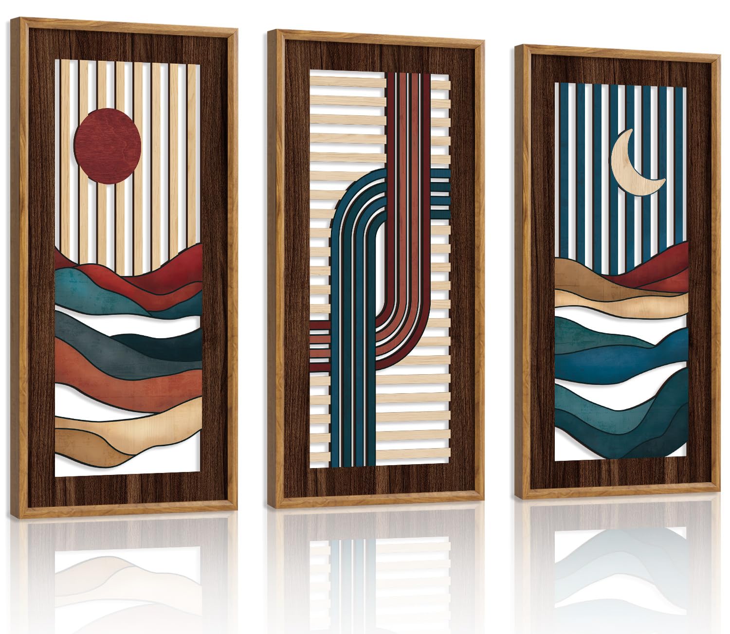 HPNIUB 3 PCS Boho Wall Decor, Minimalist Mid Century Abstract Geometric Line Carved Hanging Wood Sign for Living Room, 8x16Inch Modern Wooden Plaque Wall Art for Bedroom Office Apartment Decoration