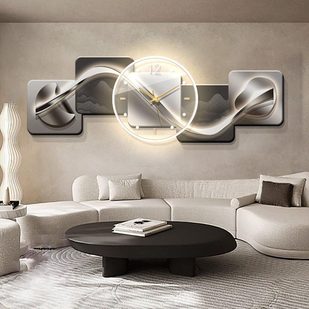 Modern Entrance 3D Wall Art Clock with Light,Crystal Porcelain Wall Art with Lights,Large 3D Creative Decorative Clock,for Office, Home, Bathroom, Kitchen, Bedroom(Silver 1,59 * 19.6in)
