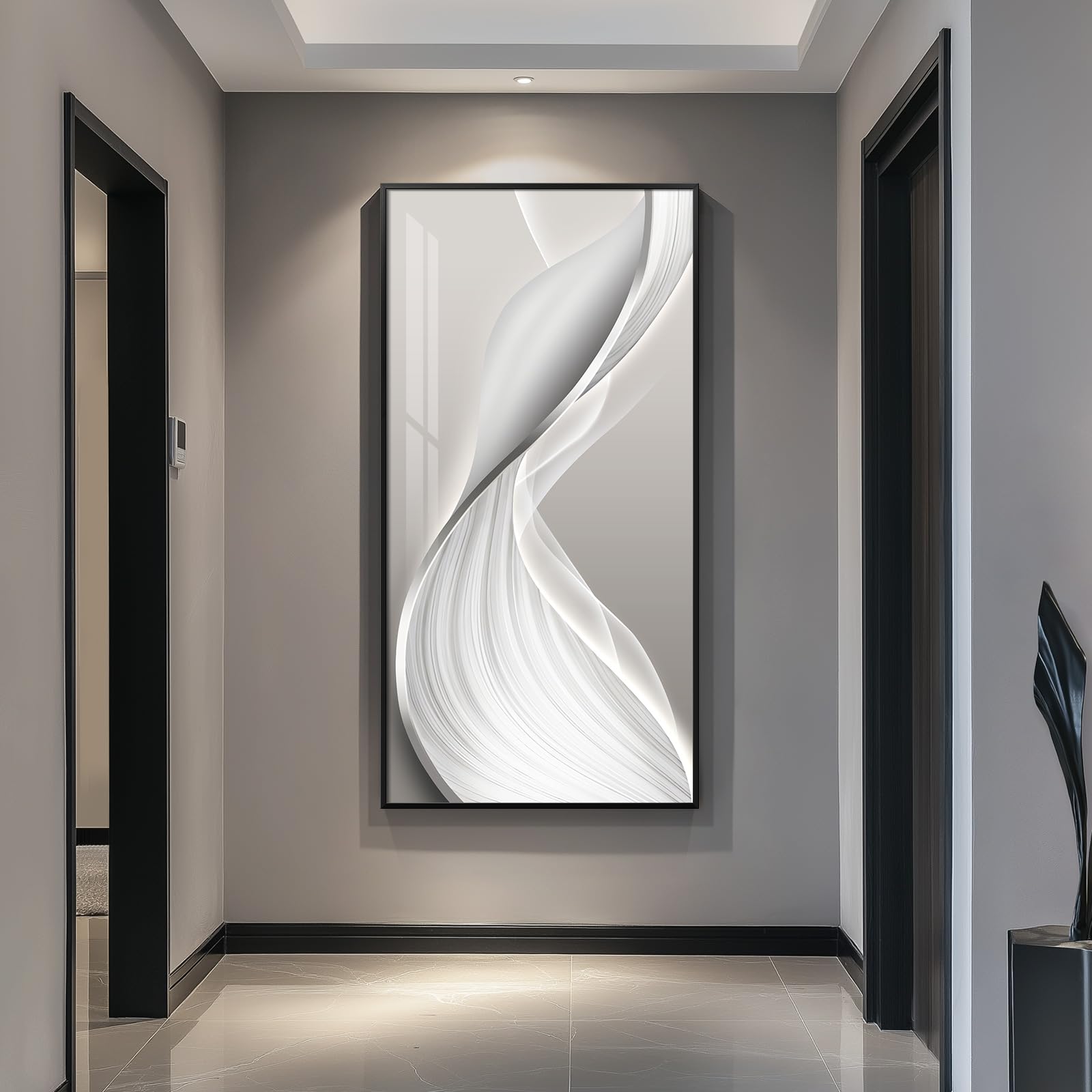 Large Framed Modern Abstract Vertical Wall Art for Living Room, Black Grey Prints Paintings Artwork for Walls, Silver Gray Luxury Pictures for Hallway Entryway Foyer Stair Office Wall Decor 30x60 Inch
