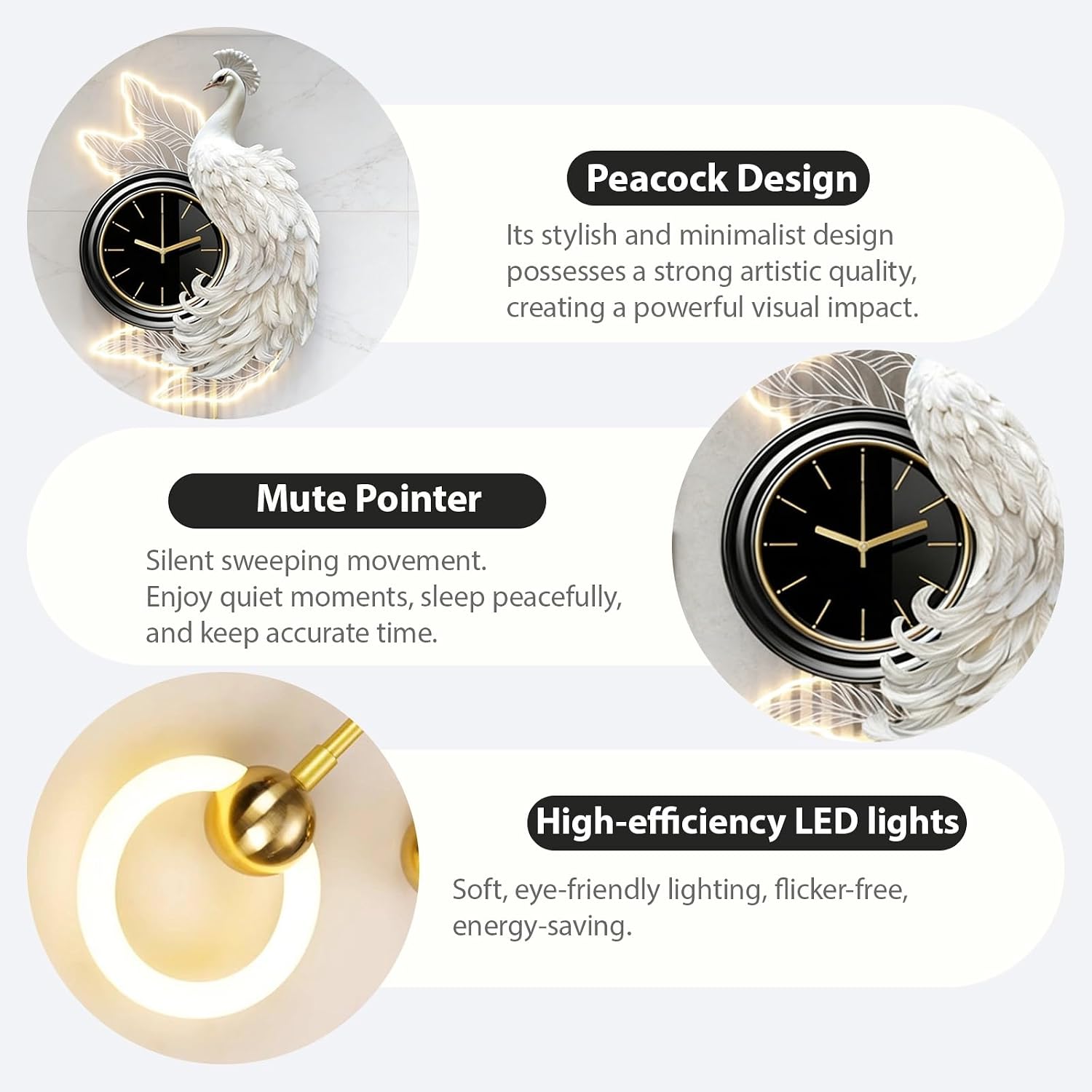 31.4in White Peacock LED Wall Art with Silent Clock Metal Sculpture