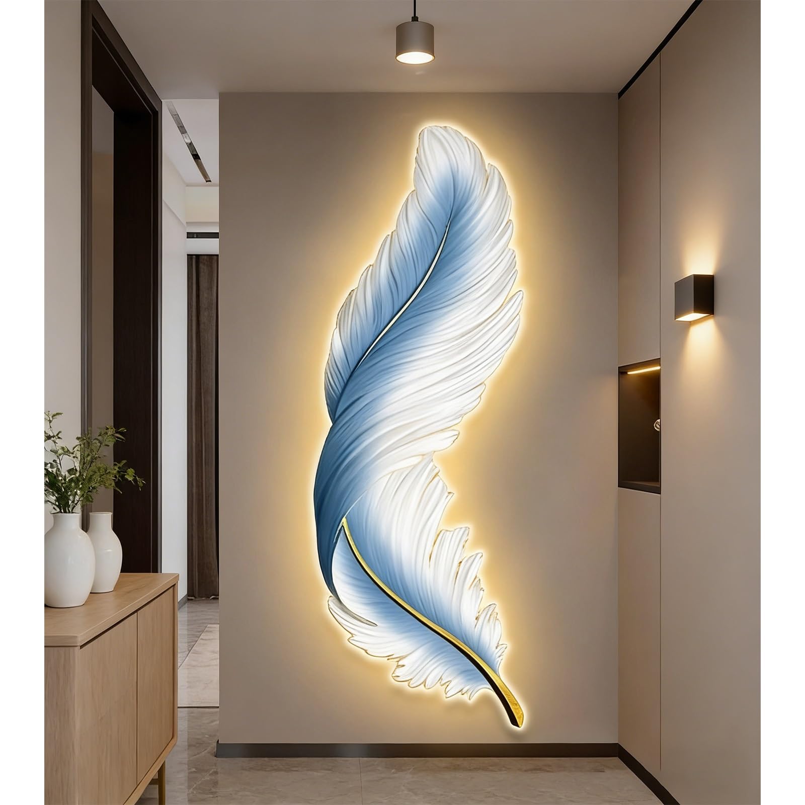 wihgony 3D Feather LED Wall Art with Plug-in Lighting, Modern Luxury Wall Decor for Entryway, Living Room & Bedroom(A,42x80cm/16.5x31.5in)