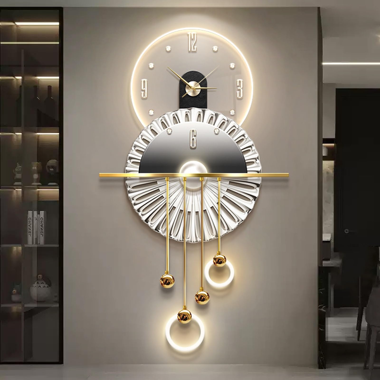3D Decorative Wall Clock Hanging Painting Modern Art,Creative Wall Clocks Painting with LED Light,Silent Clock,Plug-in,for Living Room,Dining Room,Background Wall Decor(Gold,19.7 * 39.4in)