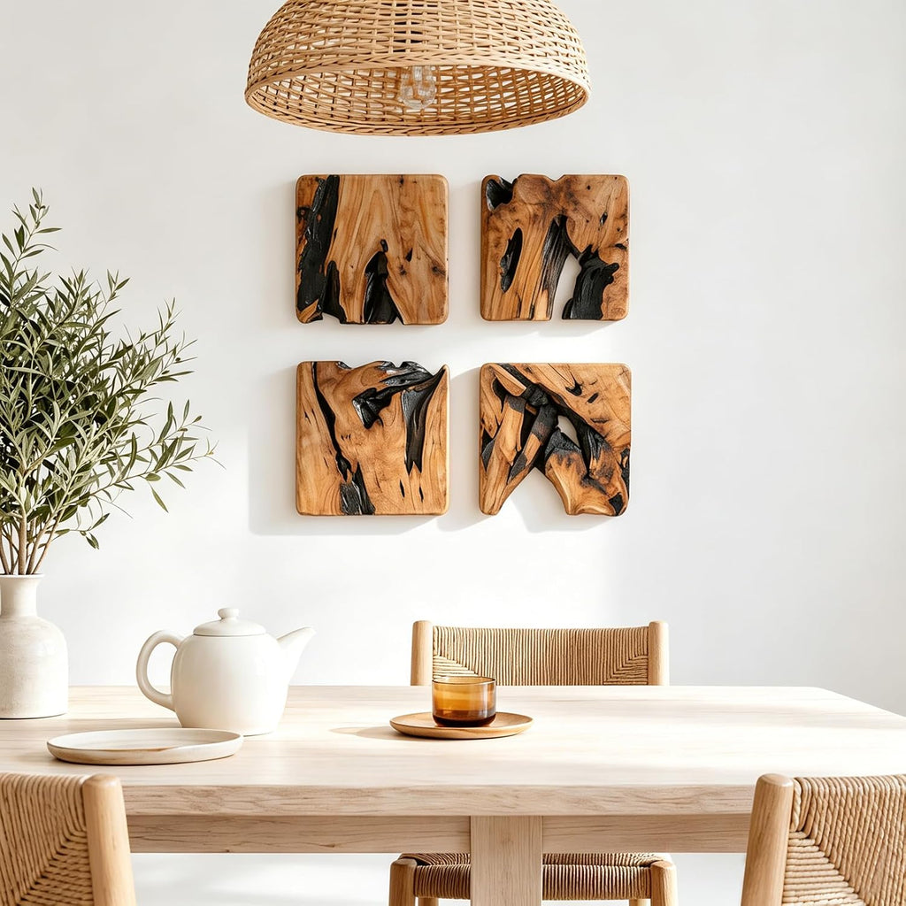 BOTALEGRE 4-Piece Cedar Wood Wall Art Set, Rustic Abstract Wall Decor for Home