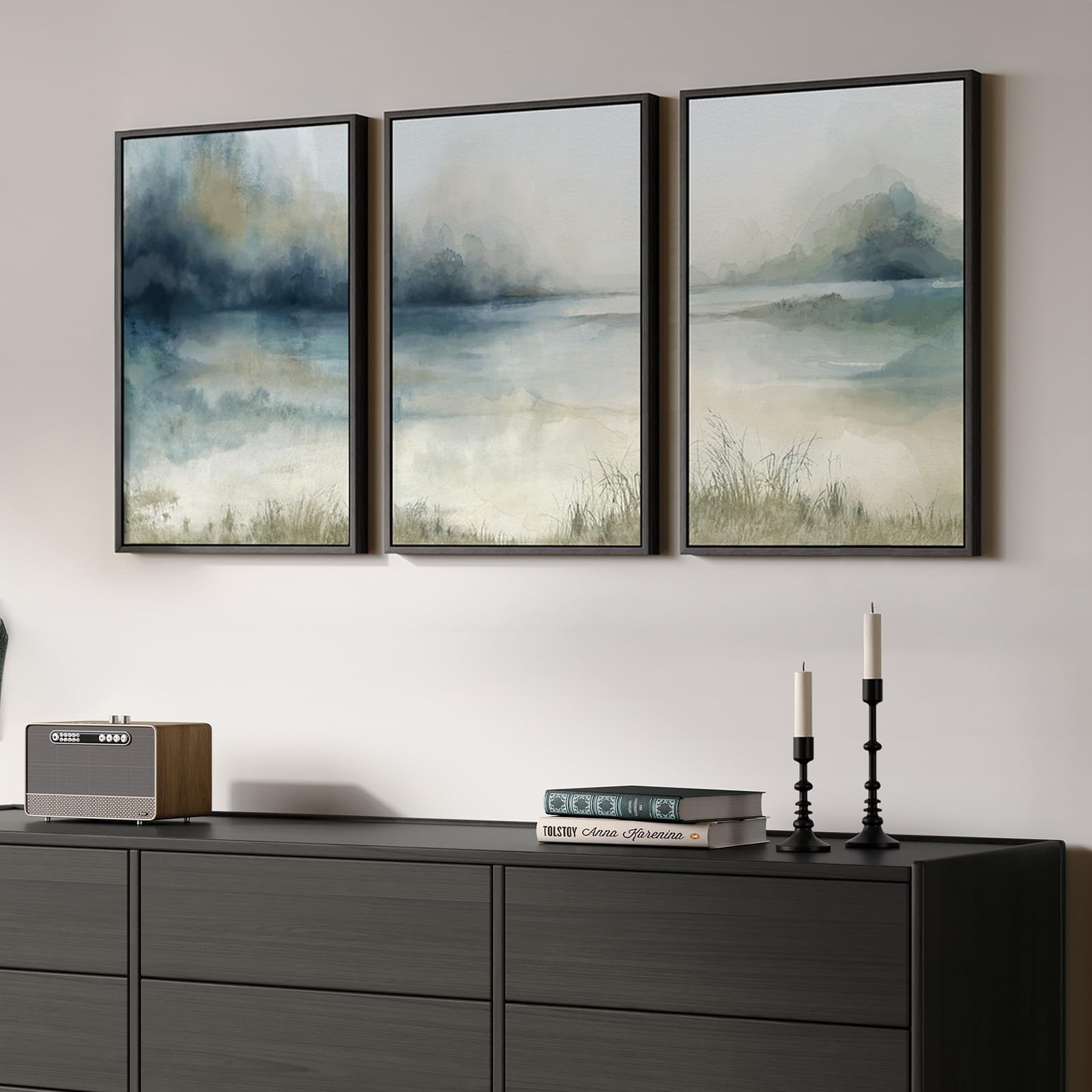 Large Framed Modern Elegant Abstract Wall Art for Living Room, 3 Piece Contemporary Blue and Gold Bright Prints Paintings Artwork for Walls, Luxury Pictures for Hallway Home Office Wall Decor 24x36 In