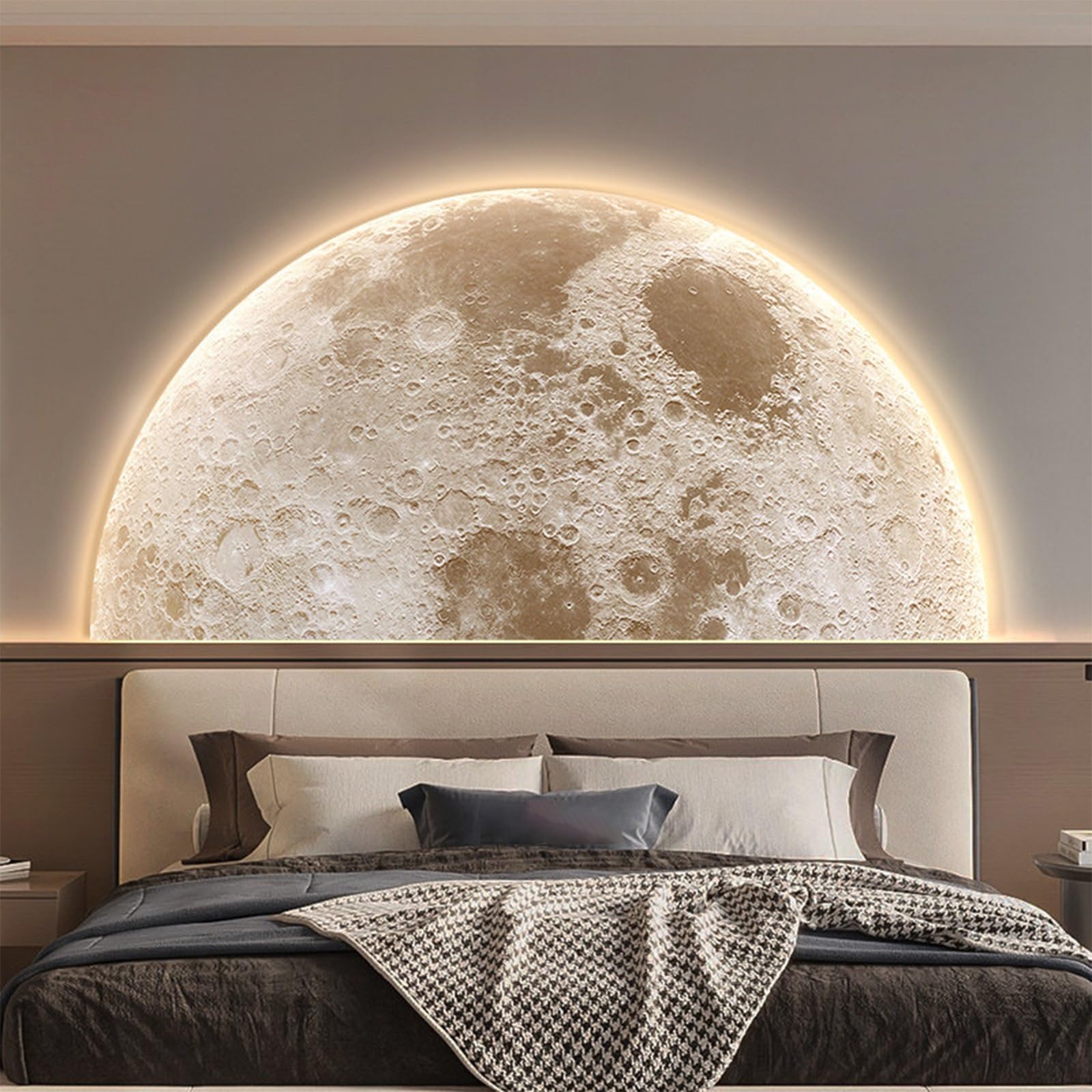 TeHWiEEphs Modern 3D Textured Moon Round 3D LED Wall Art with Remote Control Dimmable Lighting, Elegant Crystal Porcelain Decor for Living Room, Bedroom, Entryway & Accent Walls(S,47.24x23.62in)