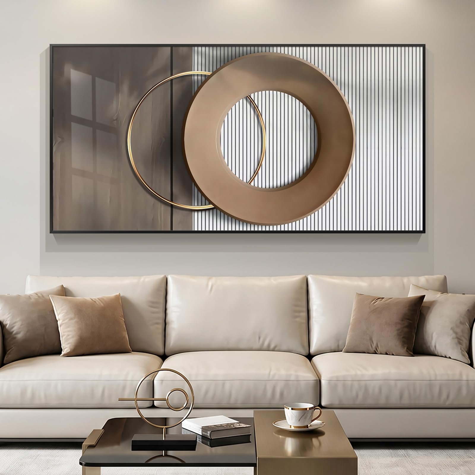 Large Framed Modern Luxury Gold Wall Art for Living Room, Horizontal Bright Style Artwork for Walls, Contemporary Geometric Picture Prints Painting Decor for Bedroom Hallway Dining Room 56x28 Inch