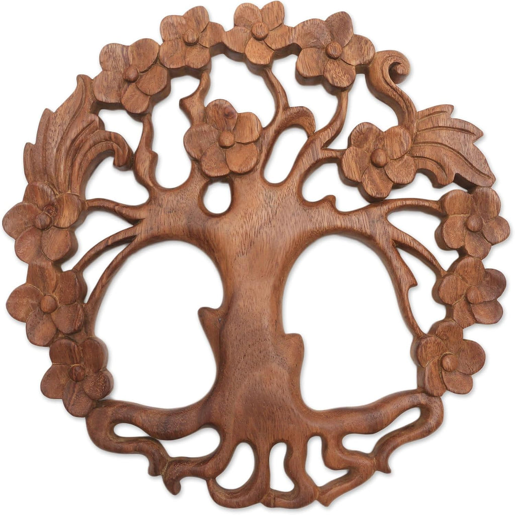 NOVICA Artisan Handmade Wood Relief Panel Circular Treethemed Suar from Bali Brown Indonesia Wall Decor Panels Nature Floral Balinese Traditional Carvings [11.75in L x 11.75in W x 0.8in D] ' Tree of