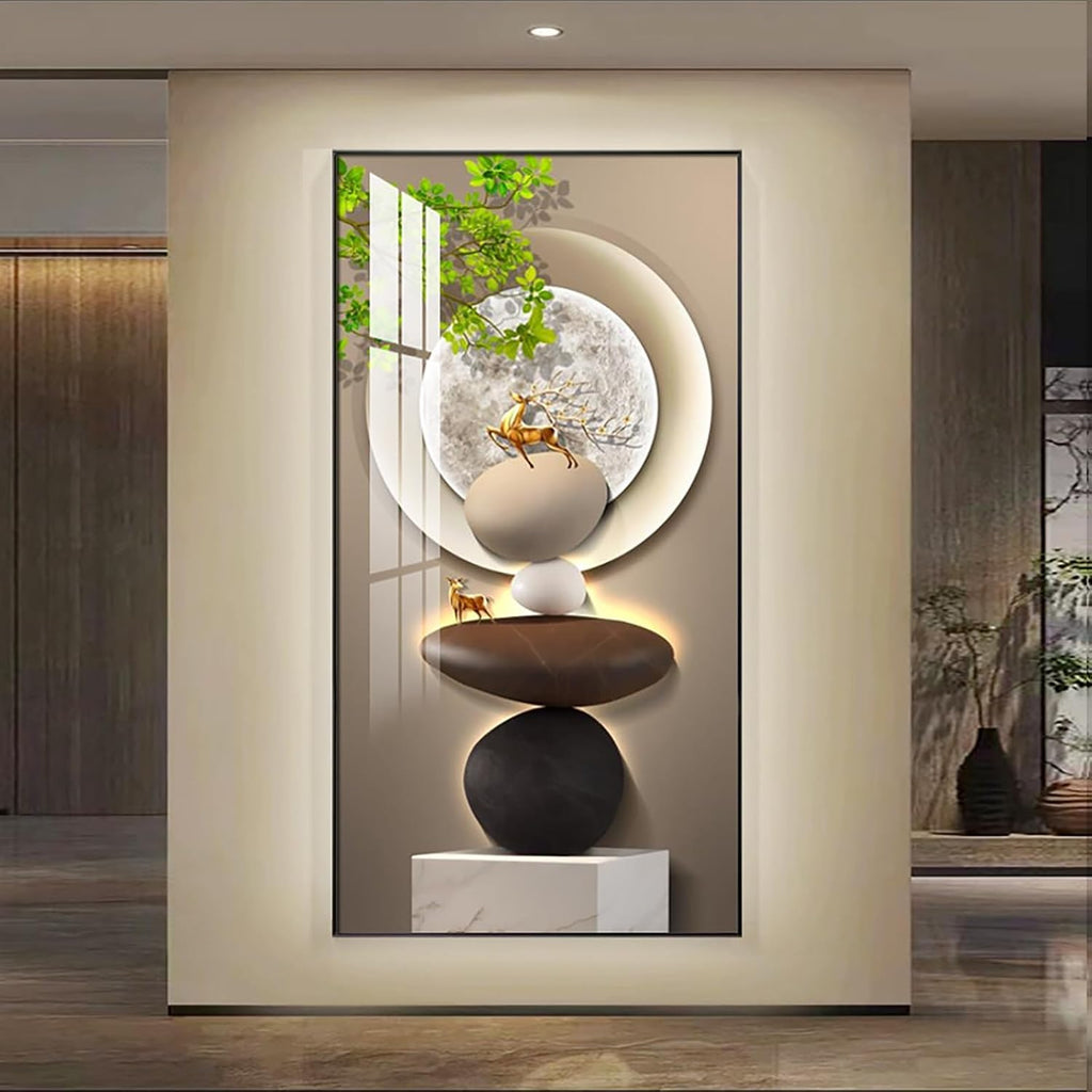 3D Led Wall Art Painting, 3D Wall Art Decor Stone Landscape Mural, Modern Luxury Decorative, for Living Room Bedroom Entrance Office Decor(Black Frame,35.4 * 70.9in)