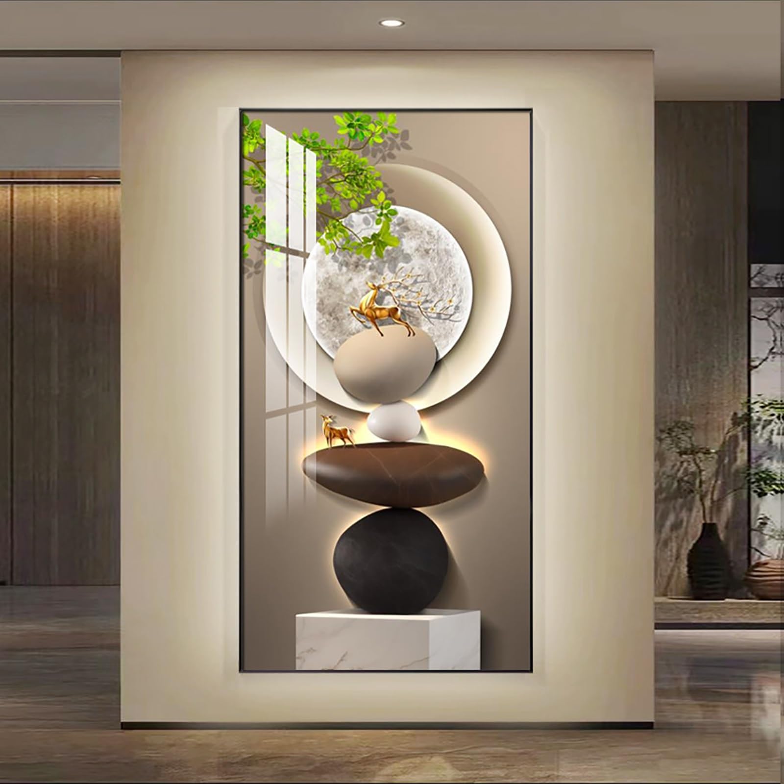 3D Led Wall Art Painting, 3D Wall Art Decor Stone Landscape Mural, Modern Luxury Decorative, for Living Room Bedroom Entrance Office Decor(Black Frame,35.4 * 70.9in)