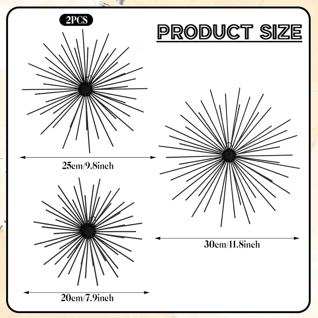 Shimeyao 4 Pcs Metal Starburst Wall Decor Black Metal Wall Art 3D Spike Bling Finish Star Burst Hangings Accents Sculptures Set Modern Mid Century Decorations for Living Room Bedroom Entryway