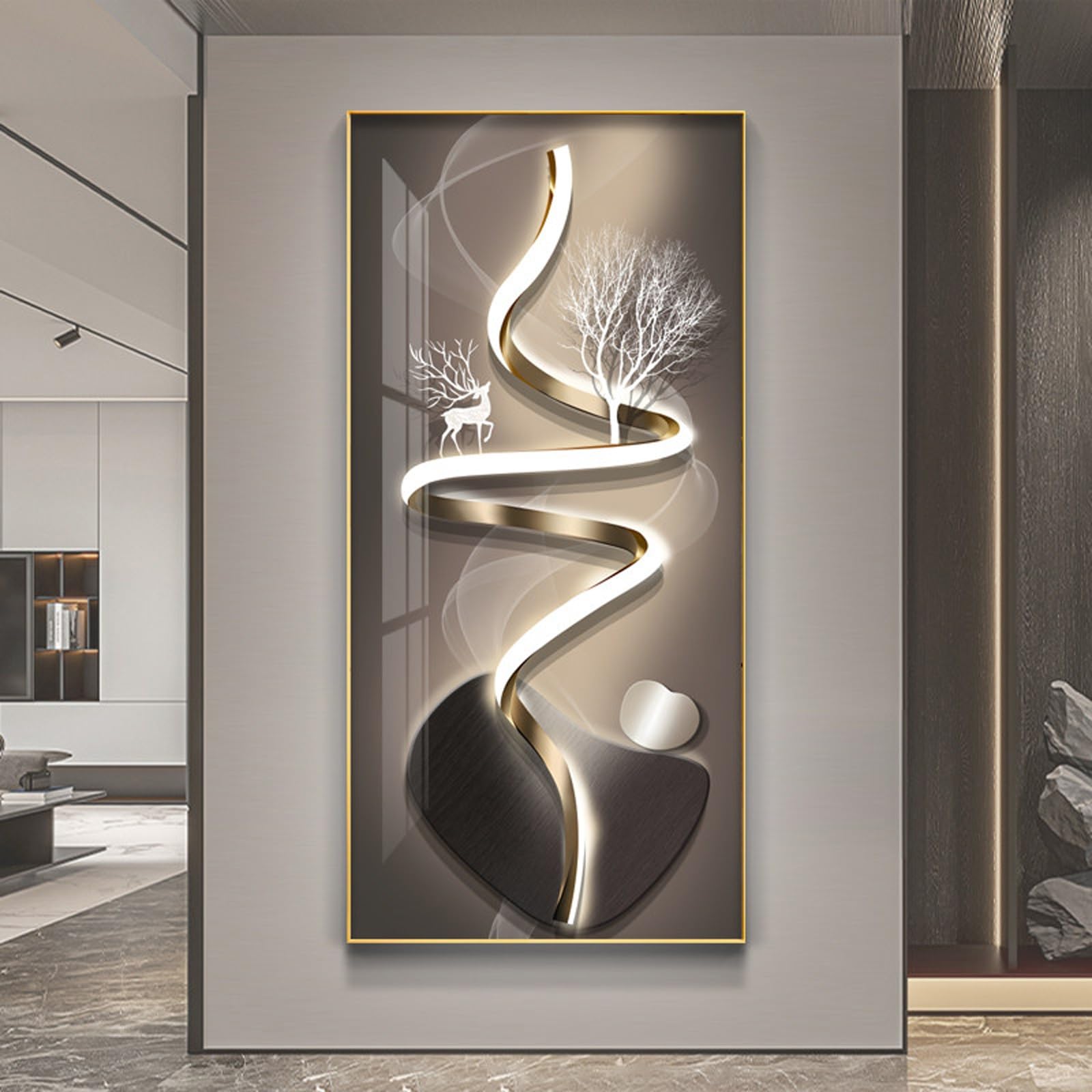 Metal Framed Wall Art, 3D Led Wall Art Painting, Luxury 3D Wall Decor, Large Modern Abstract Vertical Living Room Wall Decor, for Living Room Bedroom Hallway(E,60 * 120cm/23.6 * 47.2in)
