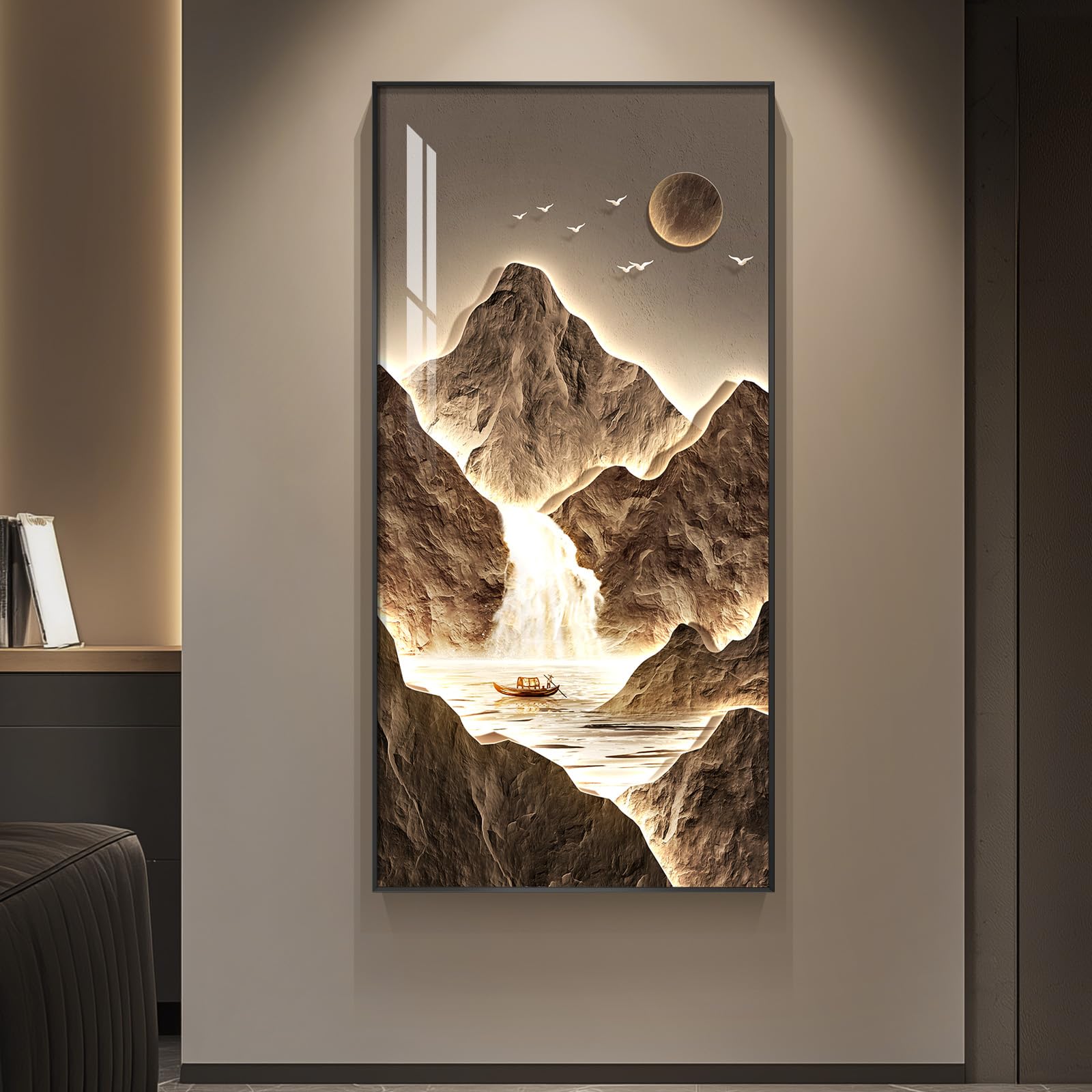 Framed Large Modern Mountain Wall Art for Living Room, Vertical Gold Bright Style Artwork for Walls, Luxury Landscape Scenery Painting Print for Entryway Hallway Stair Home Office Wall Decor, 30x60 In