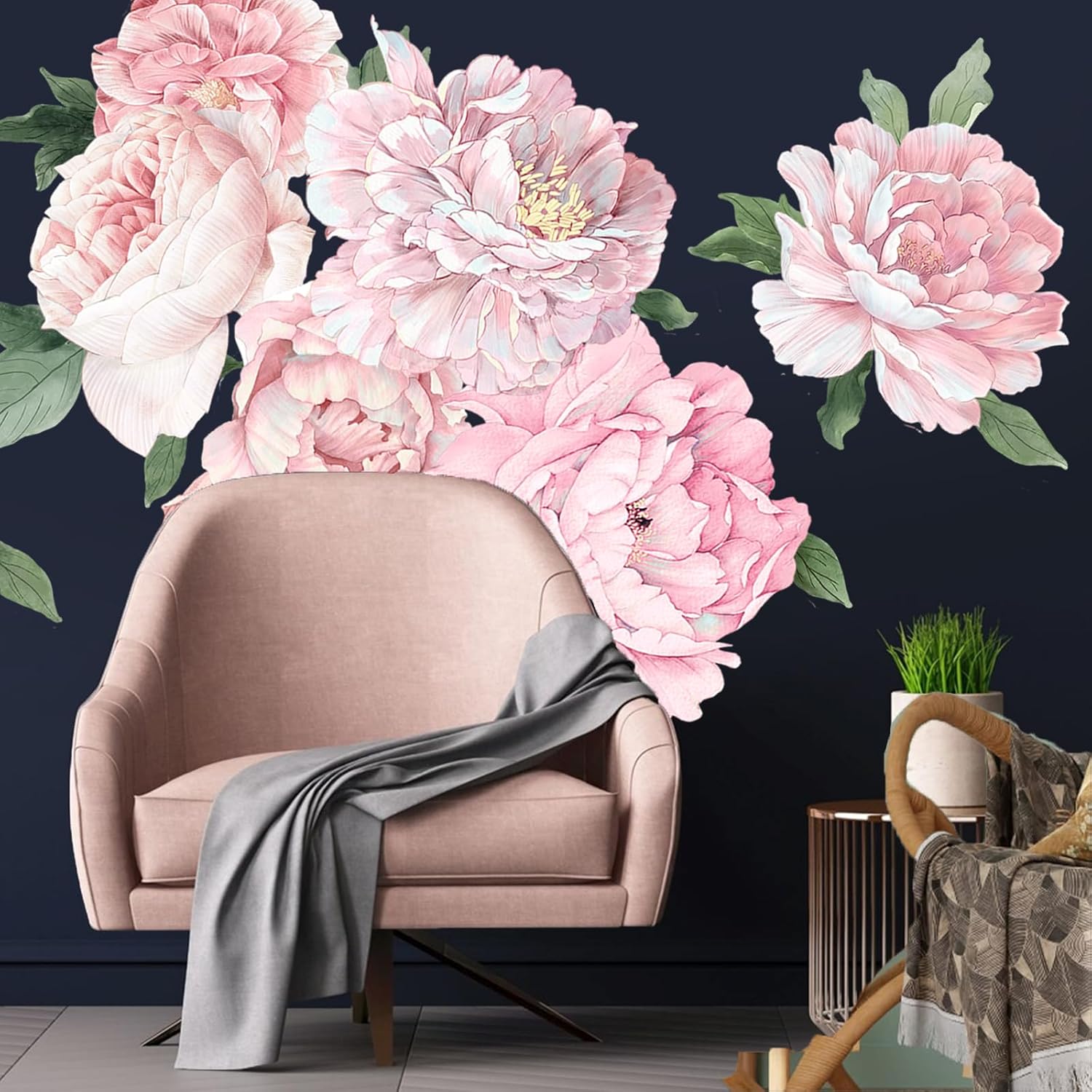 Romantic White Peony Wall Decals, Large Flower Vinyl Wall Art for Nursery & Wedding Decor, Botanical Stickers for Bedroom, Blush Floral Decal