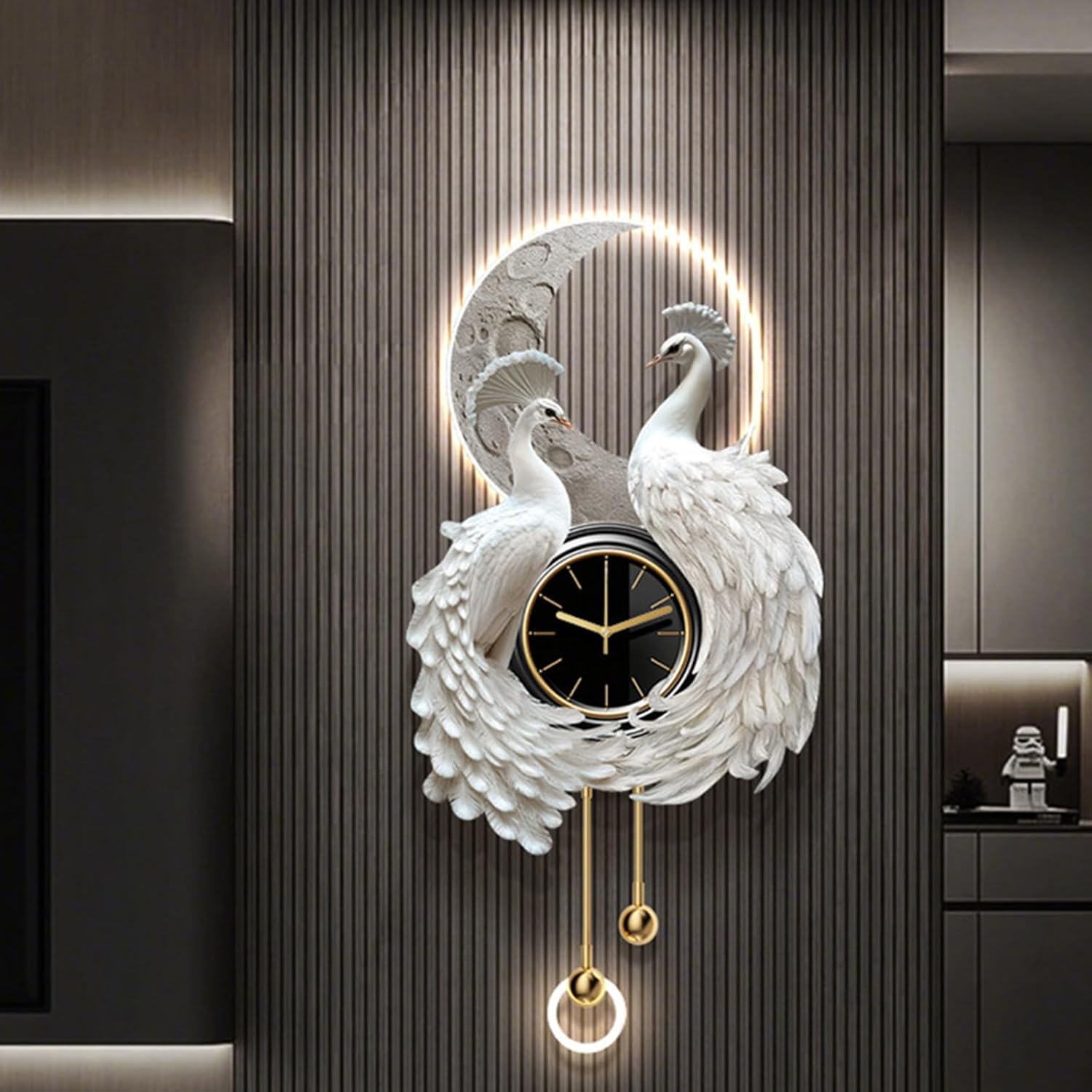 31.4in White Peacock LED Wall Art with Silent Clock Metal Sculpture