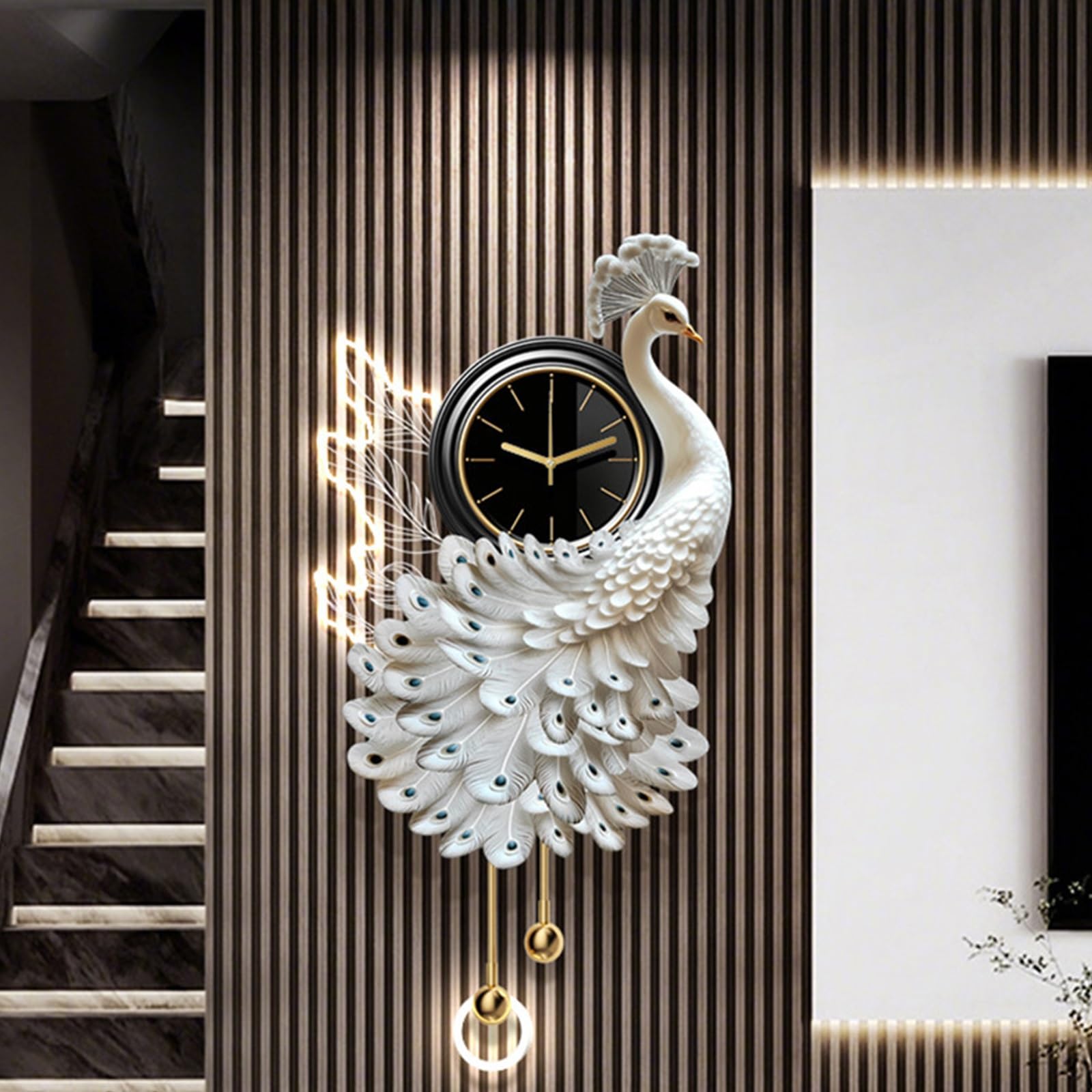 31.4in White Peacock LED Wall Art with Silent Clock Metal Sculpture