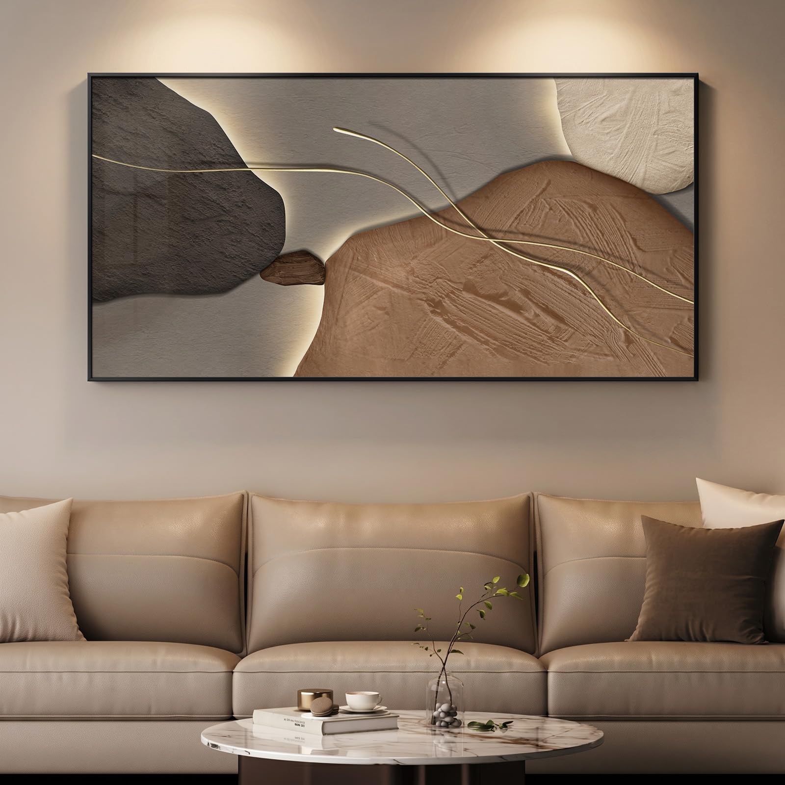 Large Framed Modern Luxury Gold Wall Art for Living Room, Horizontal Bright Style Artwork for Walls, Contemporary Geometric Picture Prints Painting Decor for Bedroom Hallway Dining Room 56x28 Inch