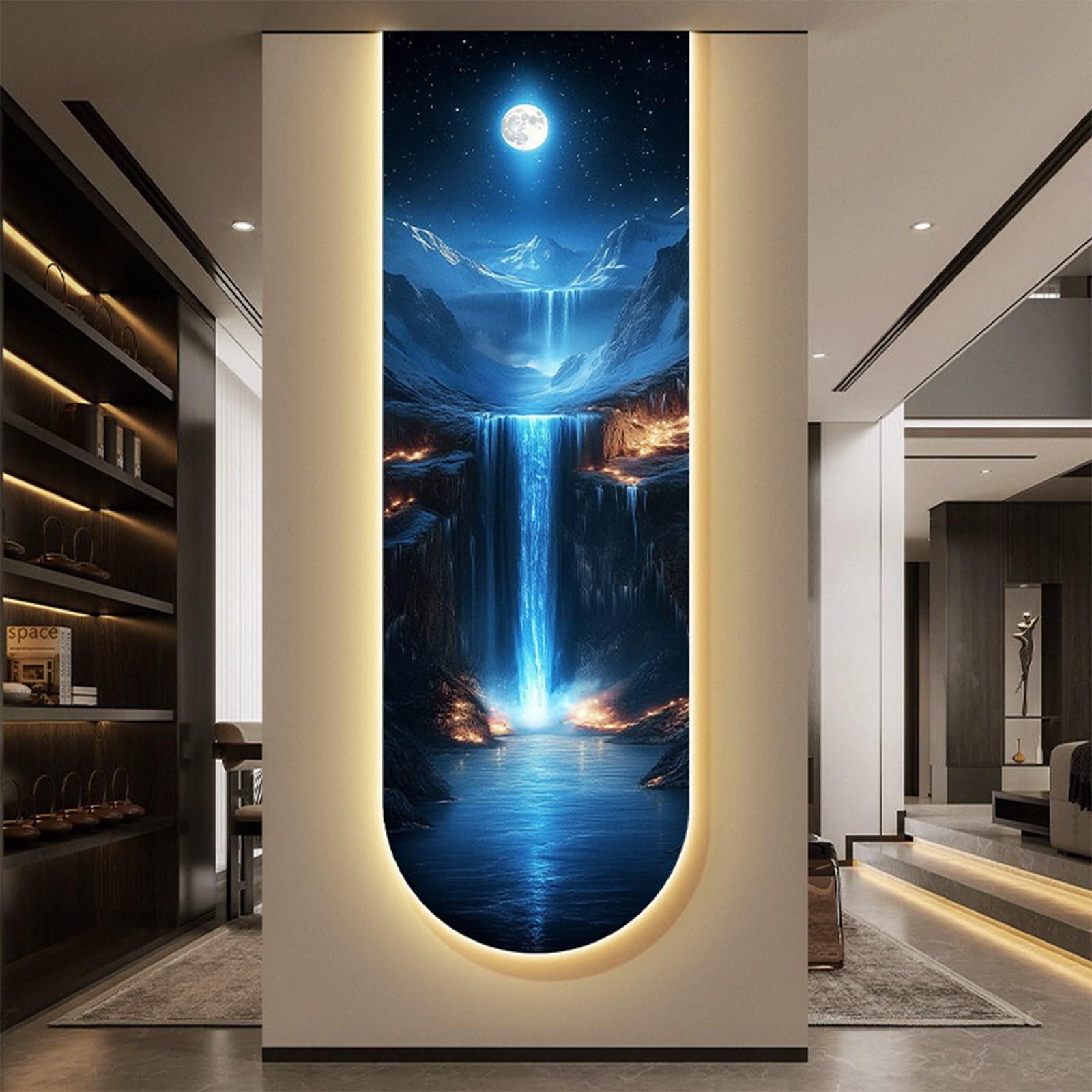 3D LED Wall Art, Moon Waterfall Vertical LED Wall Decor with Crystal Porcelain Large Wall Art for Entryway Living Room(C,40 * 120cm/15.75"*47.24"in)