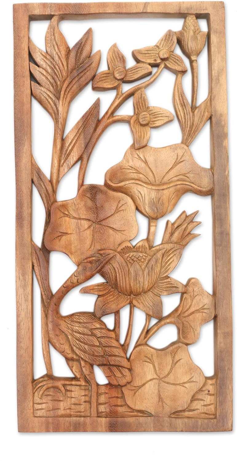 NOVICA Natural Wood Carved Relief Panel Heron and Flower Wall Sculpture, Heron Pond', Brown 7.50" x 15.25"