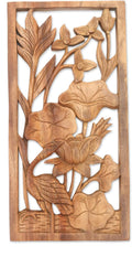 NOVICA Natural Wood Carved Relief Panel Heron and Flower Wall Sculpture, Heron Pond', Brown 7.50" x 15.25"