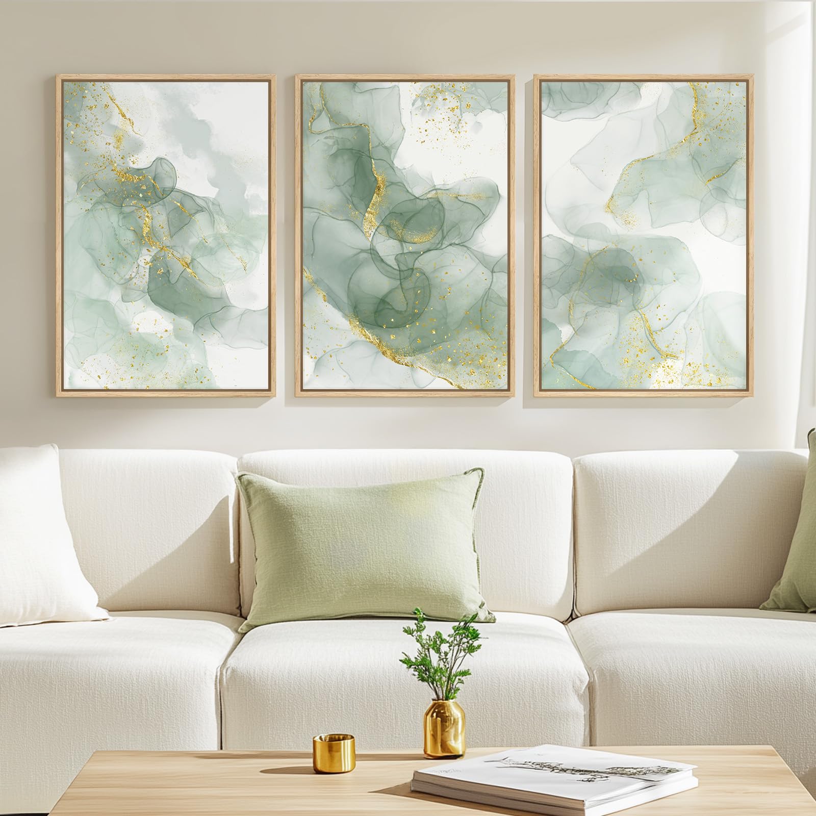 Large Framed Modern Elegant Abstract Wall Art for Living Room, 3 Piece Contemporary Blue and Gold Bright Prints Paintings Artwork for Walls, Luxury Pictures for Hallway Home Office Wall Decor 24x36 In