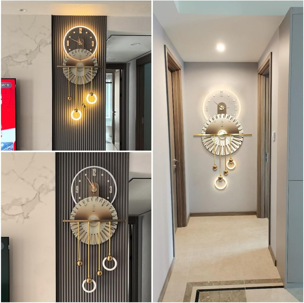 3D Decorative Wall Clock Hanging Painting Modern Art,Creative Wall Clocks Painting with LED Light,Silent Clock,Plug-in,for Living Room,Dining Room,Background Wall Decor(Gold,19.7 * 39.4in)