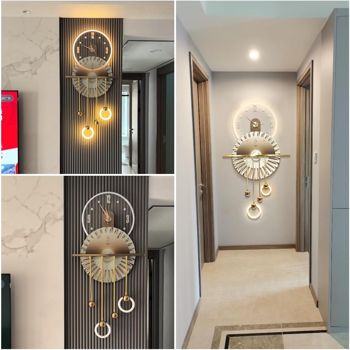 3D Decorative Wall Clock Hanging Painting Modern Art,Creative Wall Clocks Painting with LED Light,Silent Clock,Plug-in,for Living Room,Dining Room,Background Wall Decor(Gold,19.7 * 39.4in)
