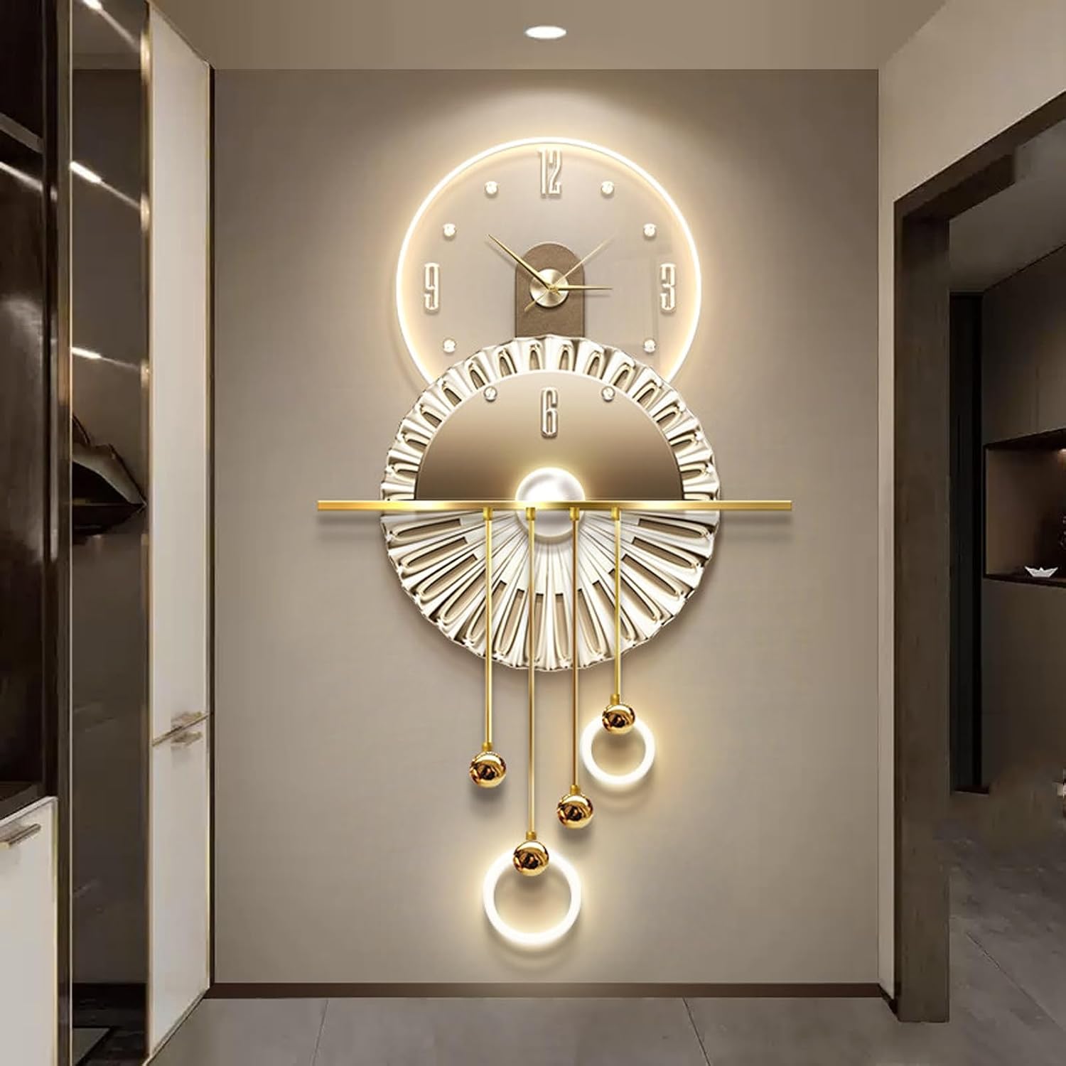 3D Decorative Wall Clock Hanging Painting Modern Art,Creative Wall Clocks Painting with LED Light,Silent Clock,Plug-in,for Living Room,Dining Room,Background Wall Decor(Gold,19.7 * 39.4in)