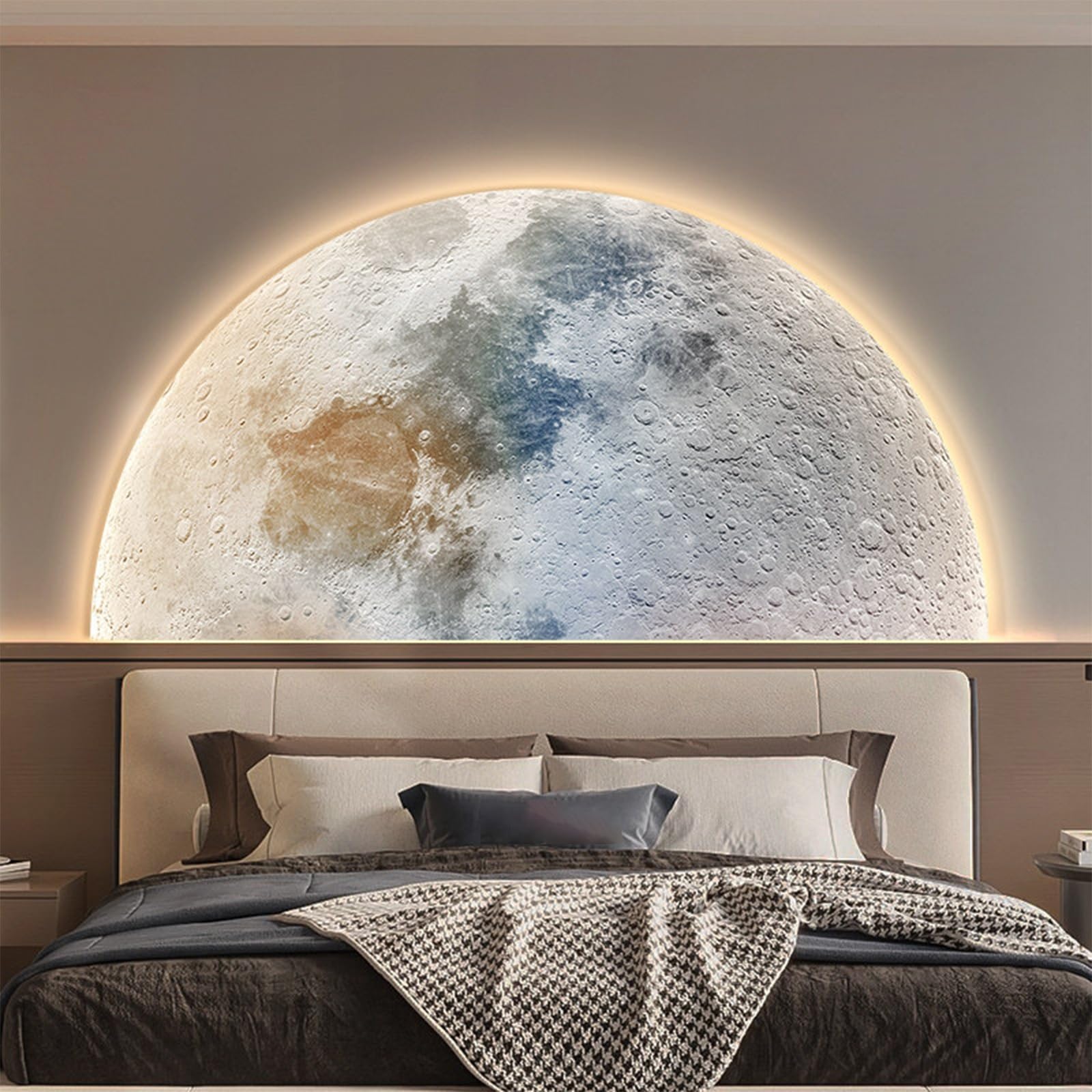 TeHWiEEphs Modern 3D Textured Moon Round 3D LED Wall Art with Remote Control Dimmable Lighting, Elegant Crystal Porcelain Decor for Living Room, Bedroom, Entryway & Accent Walls(S,47.24x23.62in)