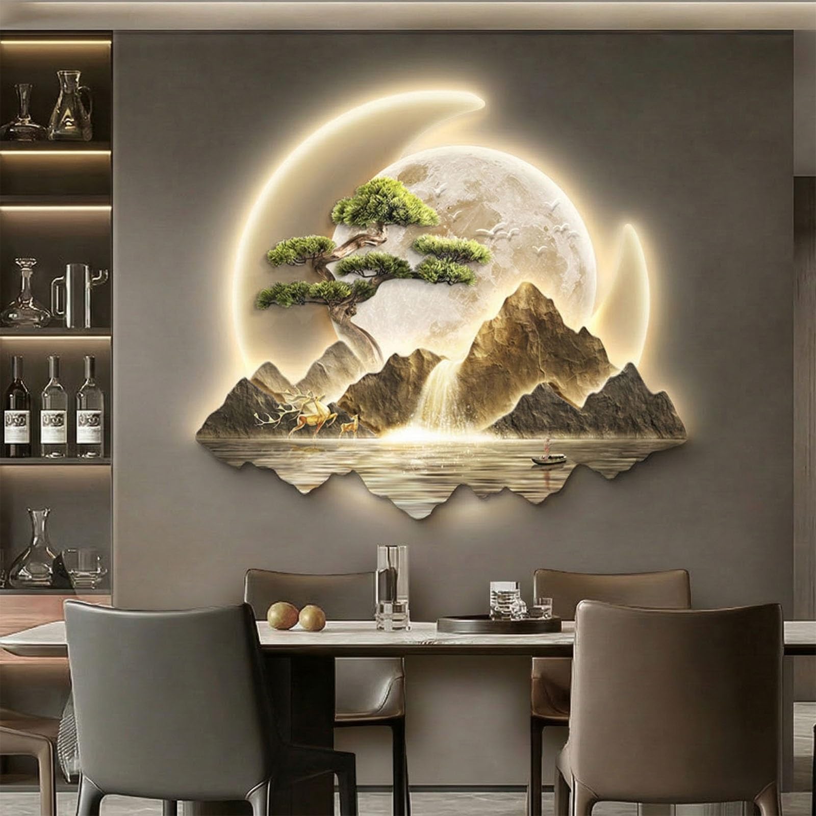 SHYJSGHZ Dimmable 3D LED Wall Art Decor, Golden Money Tree & Mountain Landscape Wall Sculpture, Modern Lighted Picture for Living Room, Entryway, Foyer(F,29.5x25.6in)