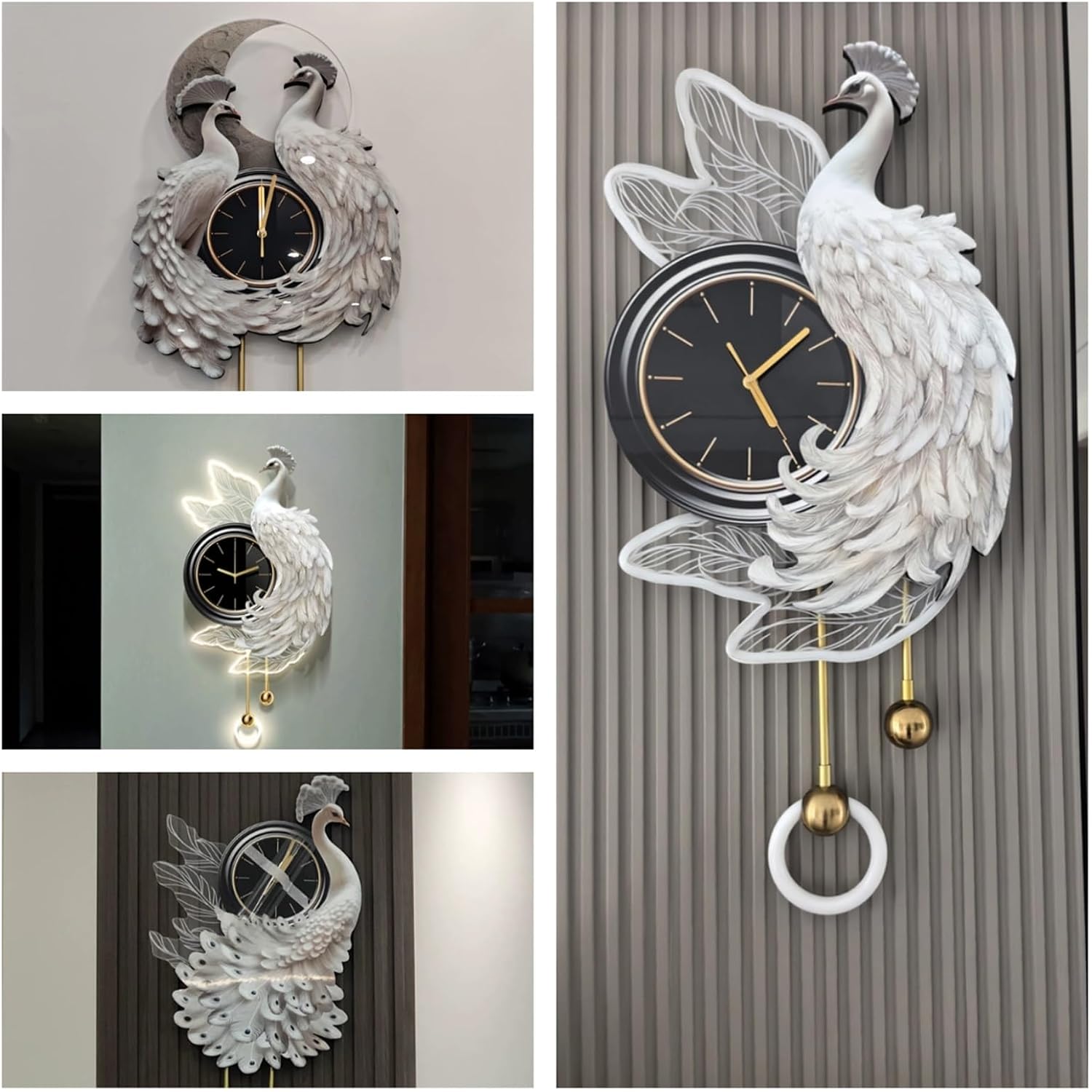 3D Peacock-Shaped Entryway Decorative Wall Clock with LED Light,Creative Wall Hanging Painting Modern,Silent Non Ticking,for Living Room Bedroom Dining Room(White A,19.7 * 39.4")