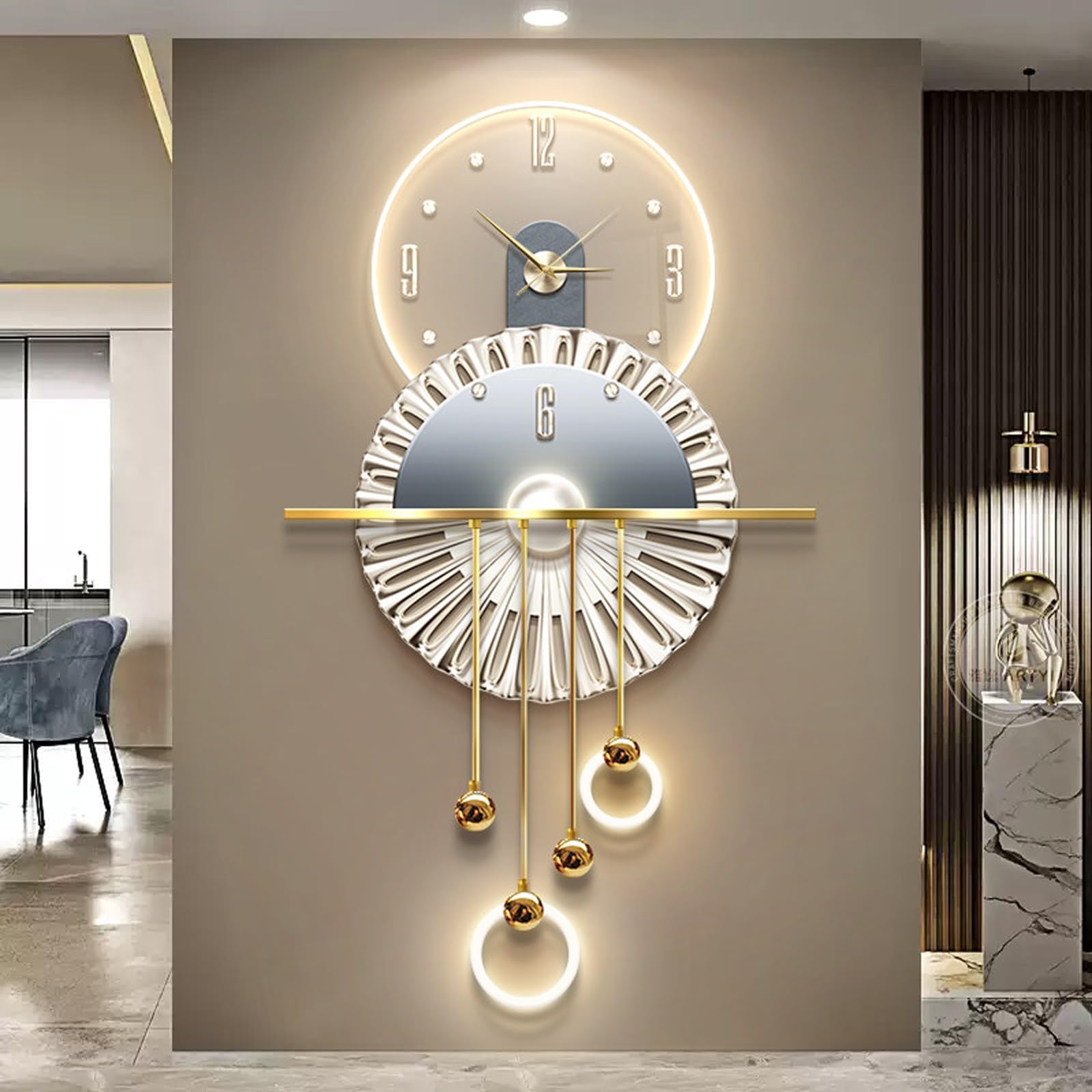 3D Decorative Wall Clock Hanging Painting Modern Art,Creative Wall Clocks Painting with LED Light,Silent Clock,Plug-in,for Living Room,Dining Room,Background Wall Decor(Gold,19.7 * 39.4in)