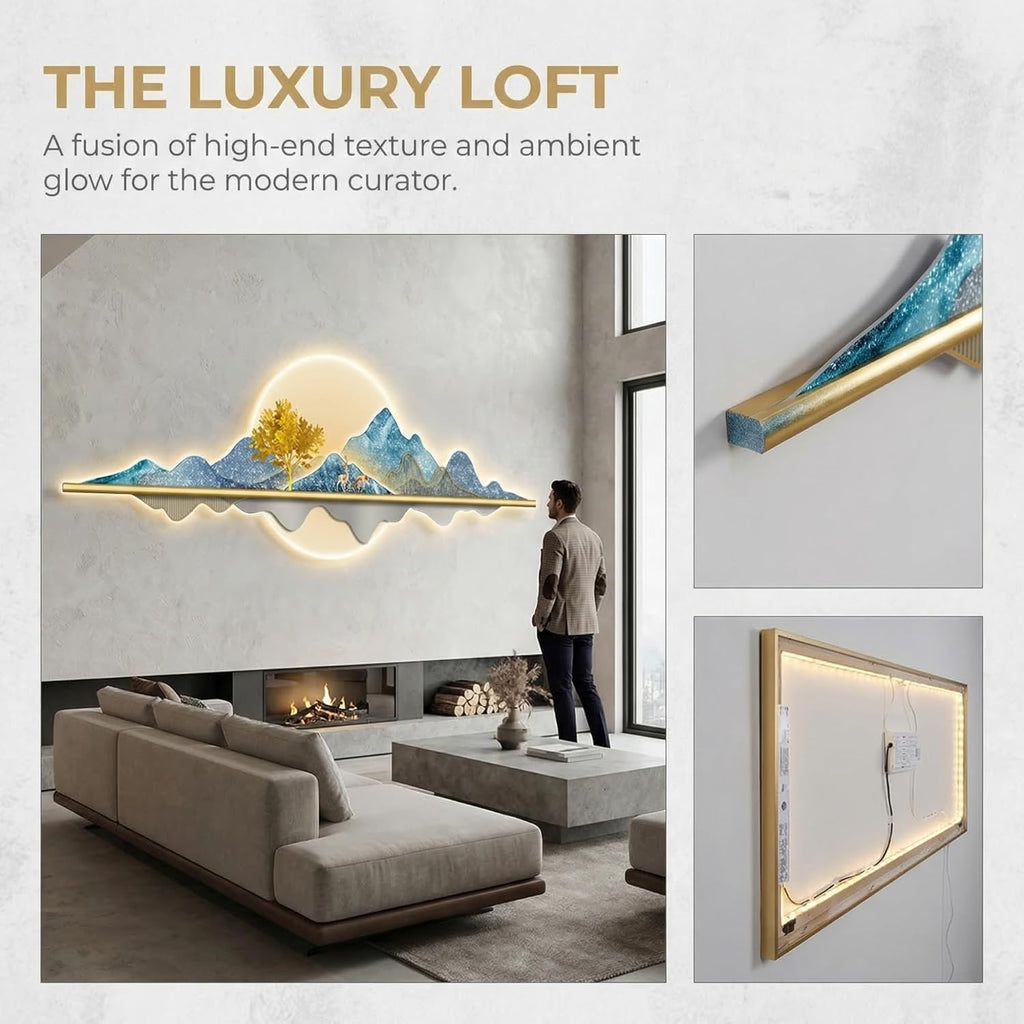 wihgony 3D LED Mountain Wall Art, Modern Luxury Chinese Style Wall Decor, Crystal Porcelain Frameless 3D Wall Sculpture with LED Light for Living Room Bedroom(E,150 * 50cm/59.1 * 19.7in)