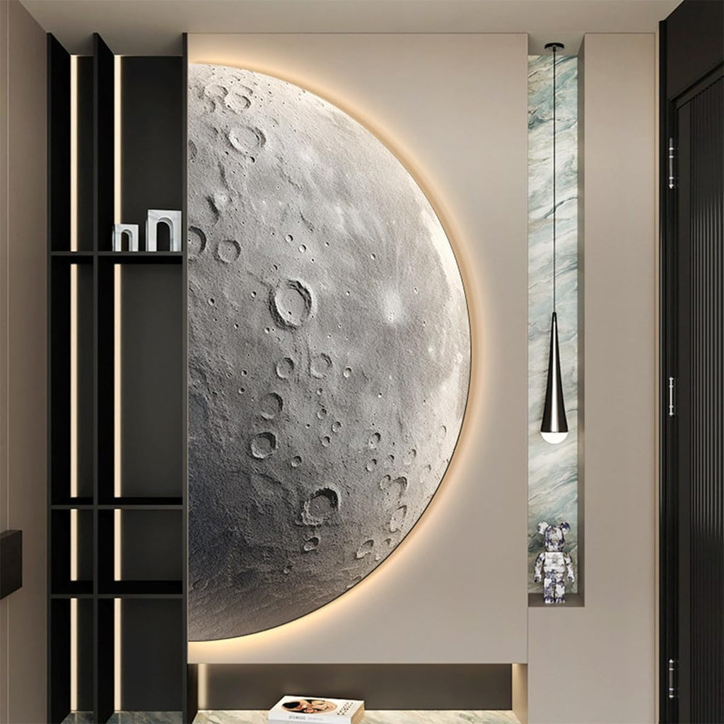 TeHWiEEphs Modern 3D Textured Moon Round 3D LED Wall Art with Remote Control Dimmable Lighting, Elegant Crystal Porcelain Decor for Living Room, Bedroom, Entryway & Accent Walls(S,47.24x23.62in)