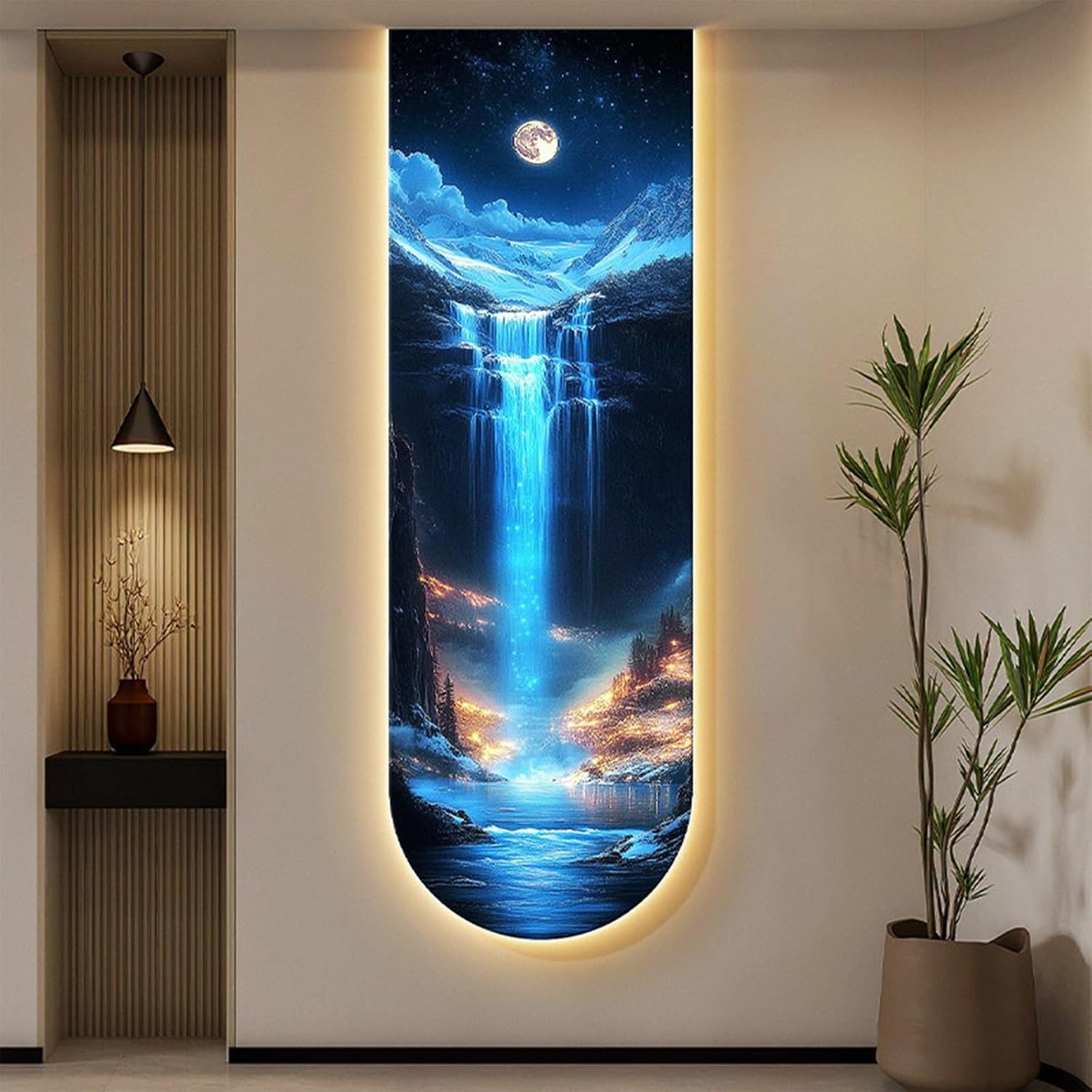 3D LED Wall Art, Moon Waterfall Vertical LED Wall Decor with Crystal Porcelain Large Wall Art for Entryway Living Room(C,40 * 120cm/15.75"*47.24"in)