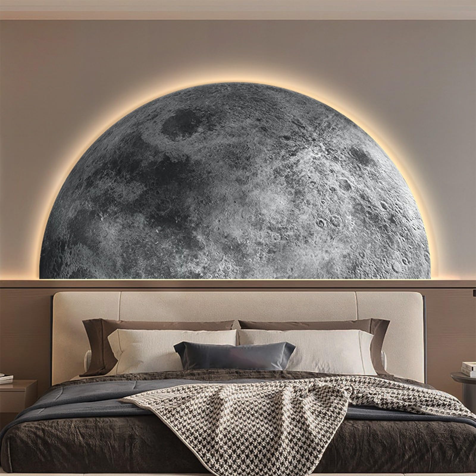 TeHWiEEphs Modern 3D Textured Moon Round 3D LED Wall Art with Remote Control Dimmable Lighting, Elegant Crystal Porcelain Decor for Living Room, Bedroom, Entryway & Accent Walls(S,47.24x23.62in)