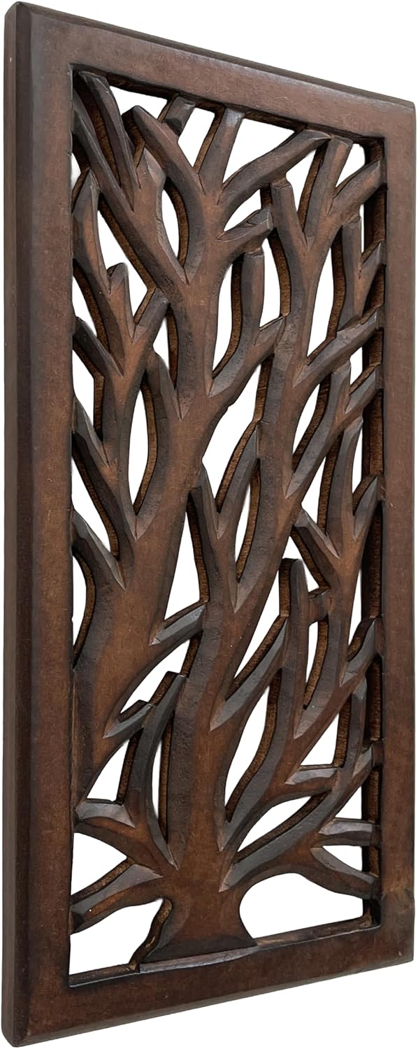 Wood Wall Art -Wall Panels in Handcrafted Carved Wood For Livingroom Bedroom,Dining room,Elegant Decorative Wall Art for Home & Office 8x16" Set of 2 Burnt Brown_Tree Leaf Designs