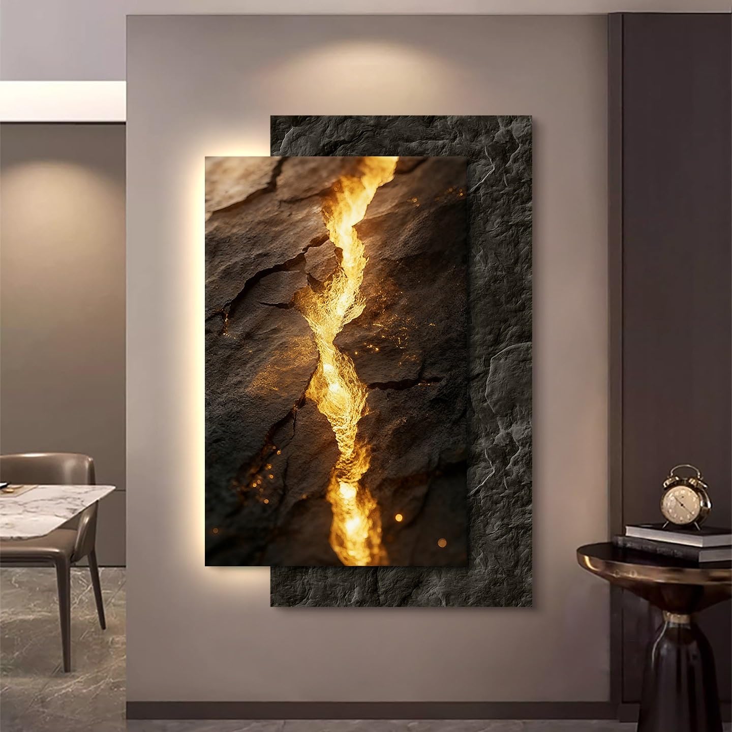 SFJATTA Modern Wall Art with Remote Control, UV Carved Crystal Porcelain Decorative Painting with Warm LED Light, Gold Flow Texture Landscape Wall Decor for Living Room Bedroom(Gray,31.5 * 18.9in)