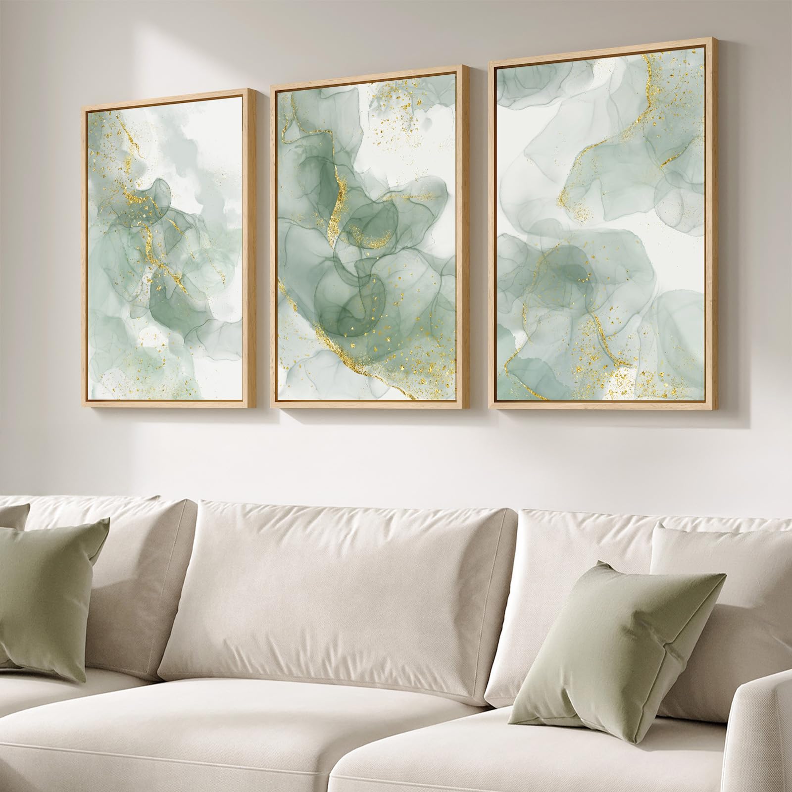 Large Framed Modern Elegant Abstract Wall Art for Living Room, 3 Piece Contemporary Blue and Gold Bright Prints Paintings Artwork for Walls, Luxury Pictures for Hallway Home Office Wall Decor 24x36 In
