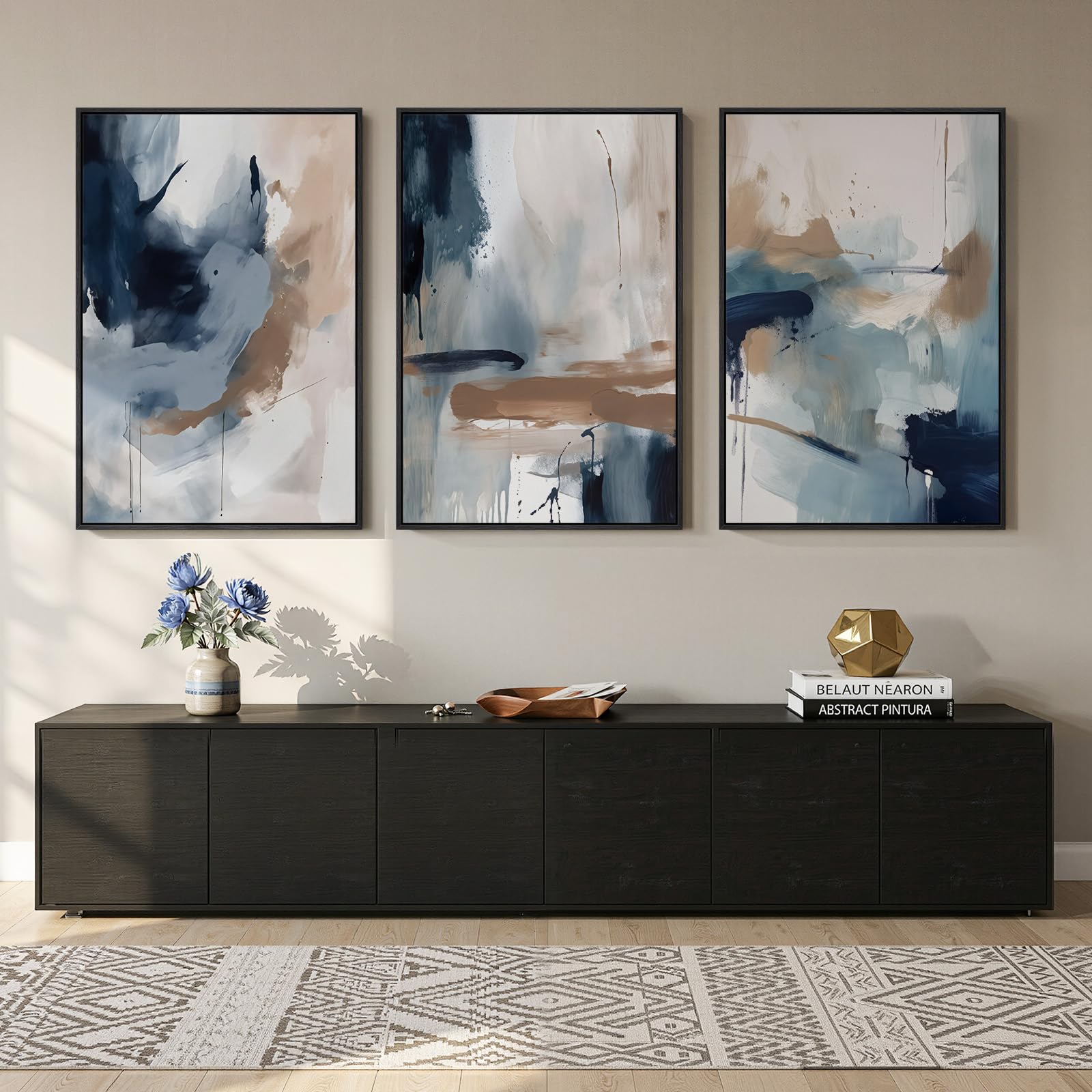 Large Framed Modern Elegant Abstract Wall Art for Living Room, 3 Piece Contemporary Blue and Gold Bright Prints Paintings Artwork for Walls, Luxury Pictures for Hallway Home Office Wall Decor 24x36 In