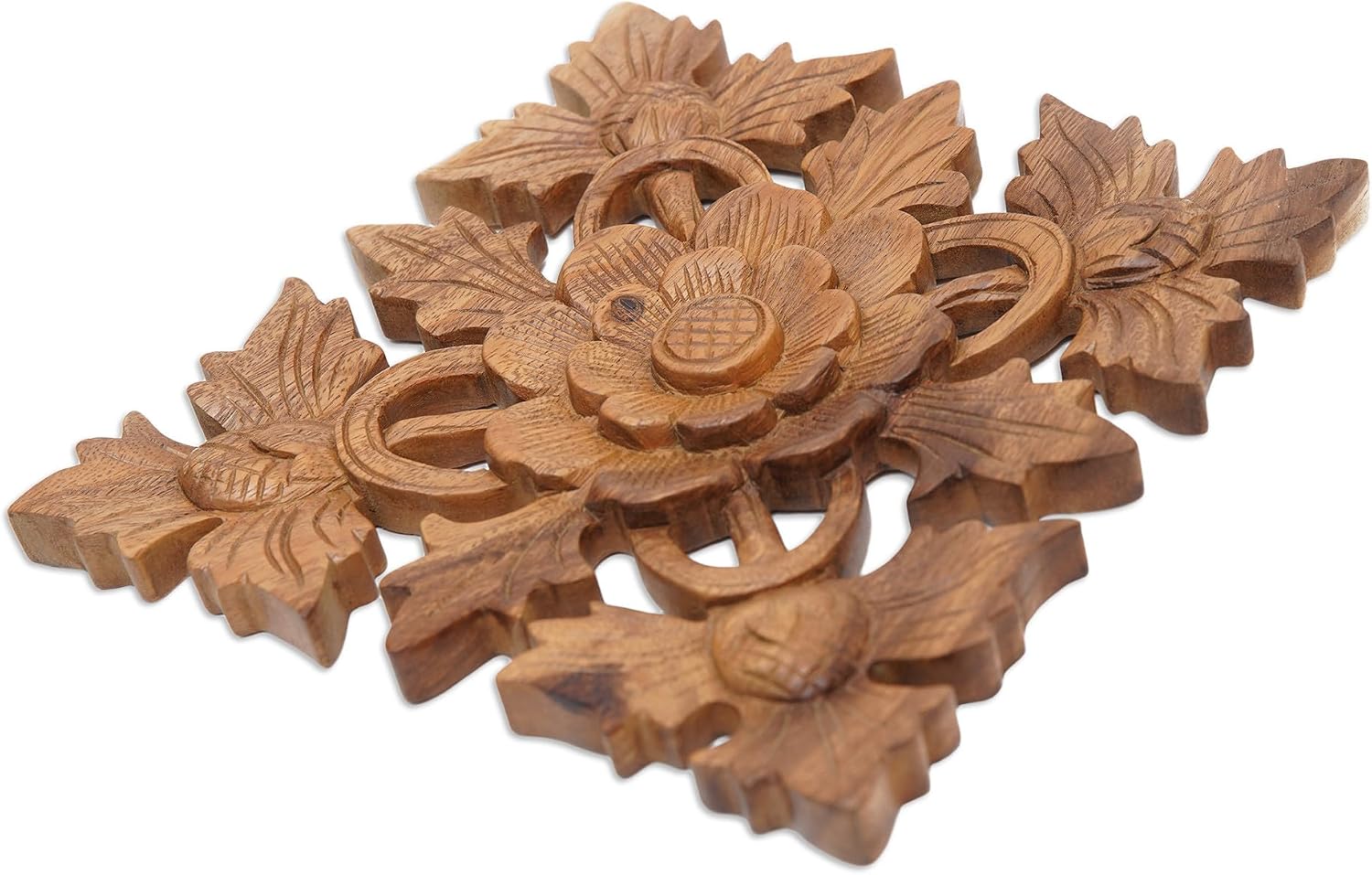 NOVICA Artisan Handcarved Wood Wall Relief Panel of Lotus Blossom Brown Indonesia Decor Panels Floral Balinese Traditional Carvings [9.5in H x 9.5in W x 0.8in D] ' Lotus Shield'
