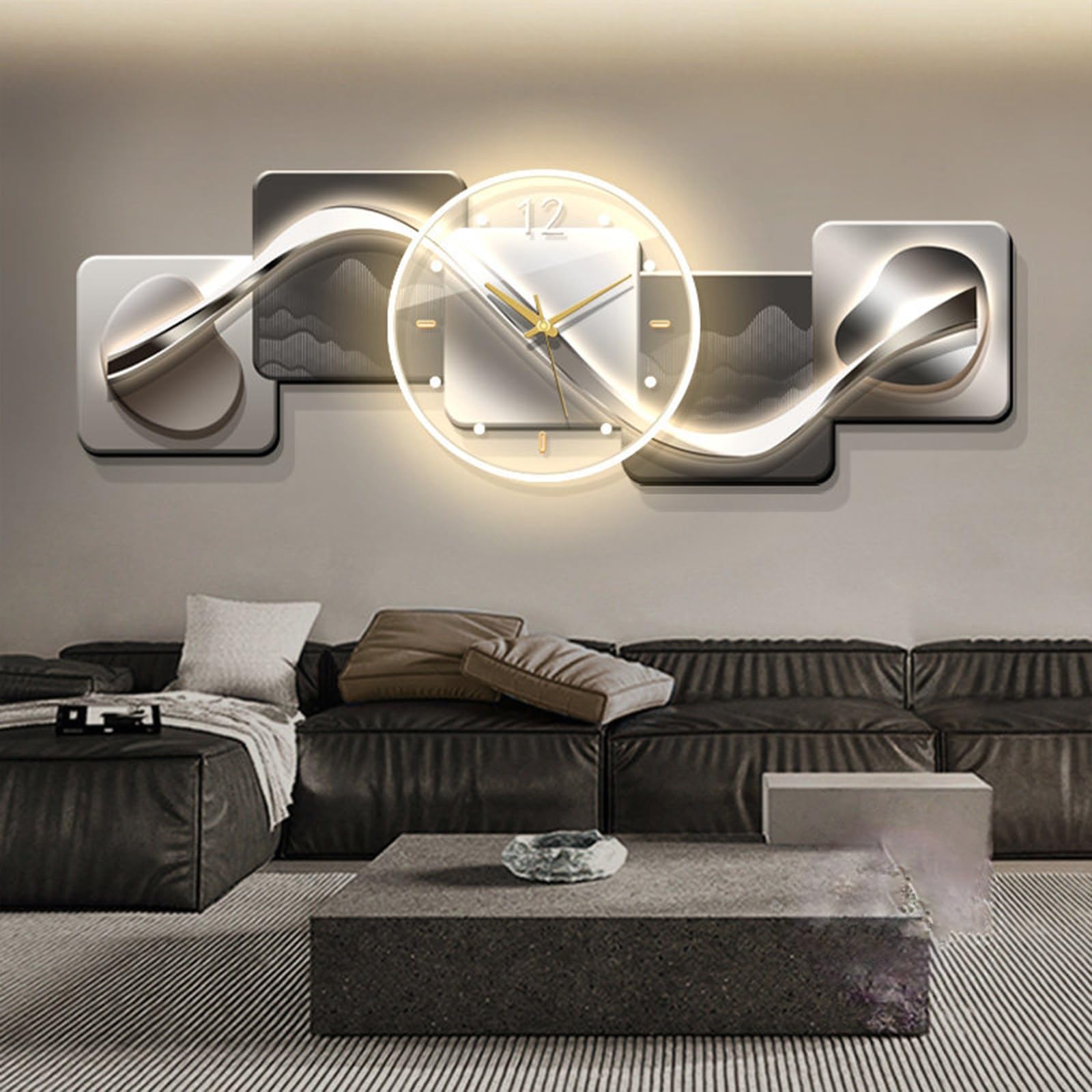 Modern Entrance 3D Wall Art Clock with Light,Crystal Porcelain Wall Art with Lights,Large 3D Creative Decorative Clock,for Office, Home, Bathroom, Kitchen, Bedroom(Silver 1,59 * 19.6in)
