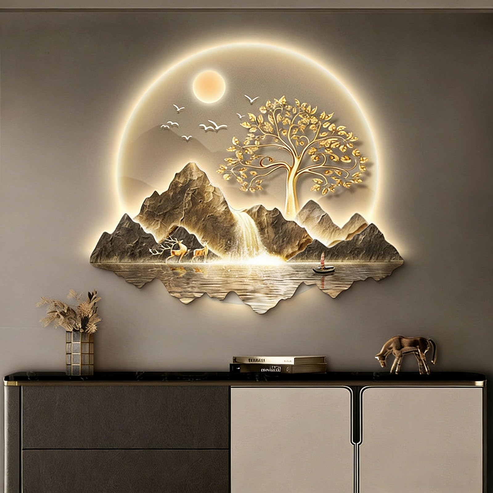 SHYJSGHZ Dimmable 3D LED Wall Art Decor, Golden Money Tree & Mountain Landscape Wall Sculpture, Modern Lighted Picture for Living Room, Entryway, Foyer(F,29.5x25.6in)