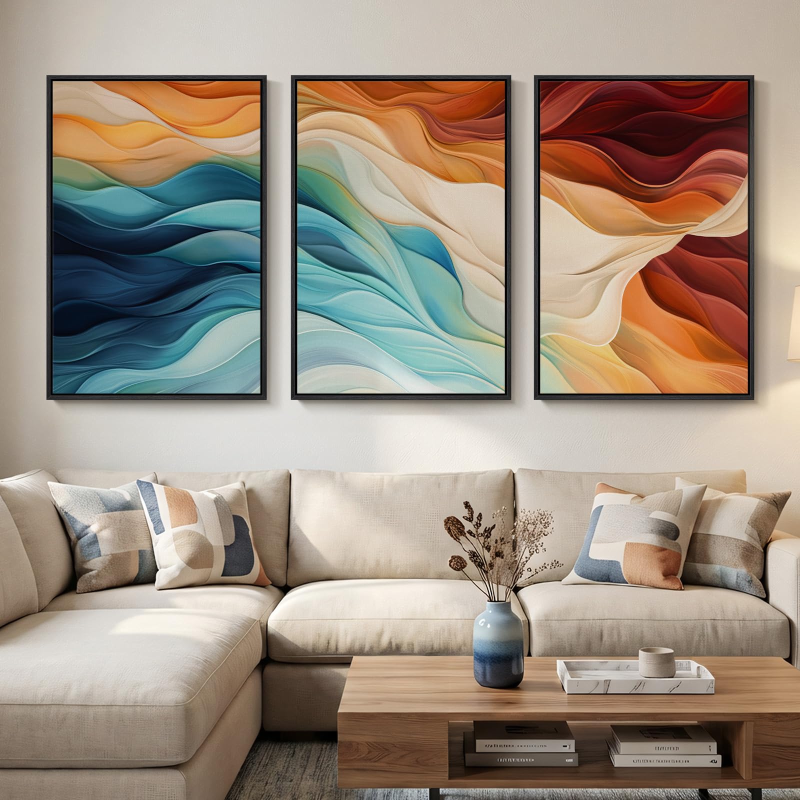 Large Framed Modern Elegant Abstract Wall Art for Living Room, 3 Piece Contemporary Blue and Gold Bright Prints Paintings Artwork for Walls, Luxury Pictures for Hallway Home Office Wall Decor 24x36 In
