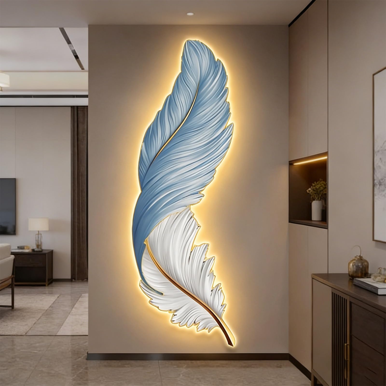 wihgony 3D Feather LED Wall Art with Plug-in Lighting, Modern Luxury Wall Decor for Entryway, Living Room & Bedroom(A,42x80cm/16.5x31.5in)