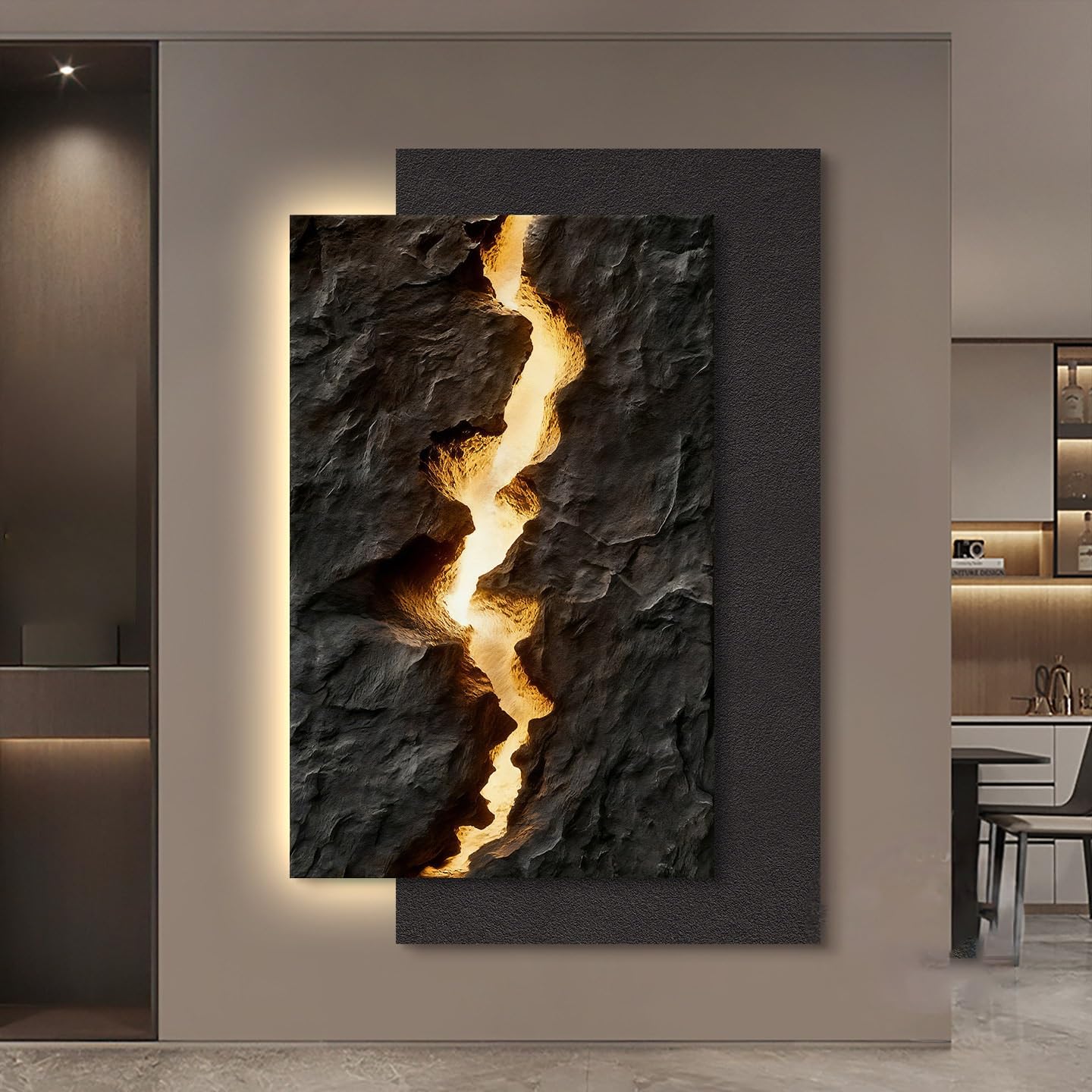 SFJATTA Modern Wall Art with Remote Control, UV Carved Crystal Porcelain Decorative Painting with Warm LED Light, Gold Flow Texture Landscape Wall Decor for Living Room Bedroom(Gray,31.5 * 18.9in)