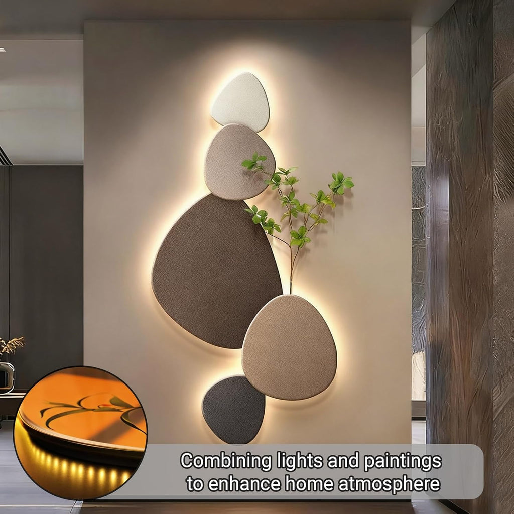 3D Crystal Porcelain Wall Art with LED Light, Entrance Decorative Painting with Faux Greenery, UV Carved Wall Art Sculpture for Living Room Hallway(Good Fortune A,50x100cm/19.7x39.4in)
