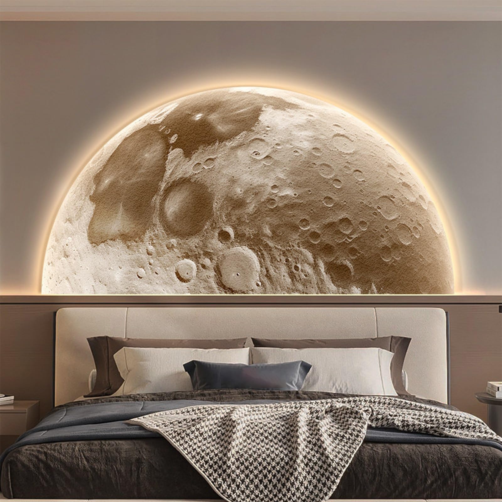 TeHWiEEphs Modern 3D Textured Moon Round 3D LED Wall Art with Remote Control Dimmable Lighting, Elegant Crystal Porcelain Decor for Living Room, Bedroom, Entryway & Accent Walls(S,47.24x23.62in)